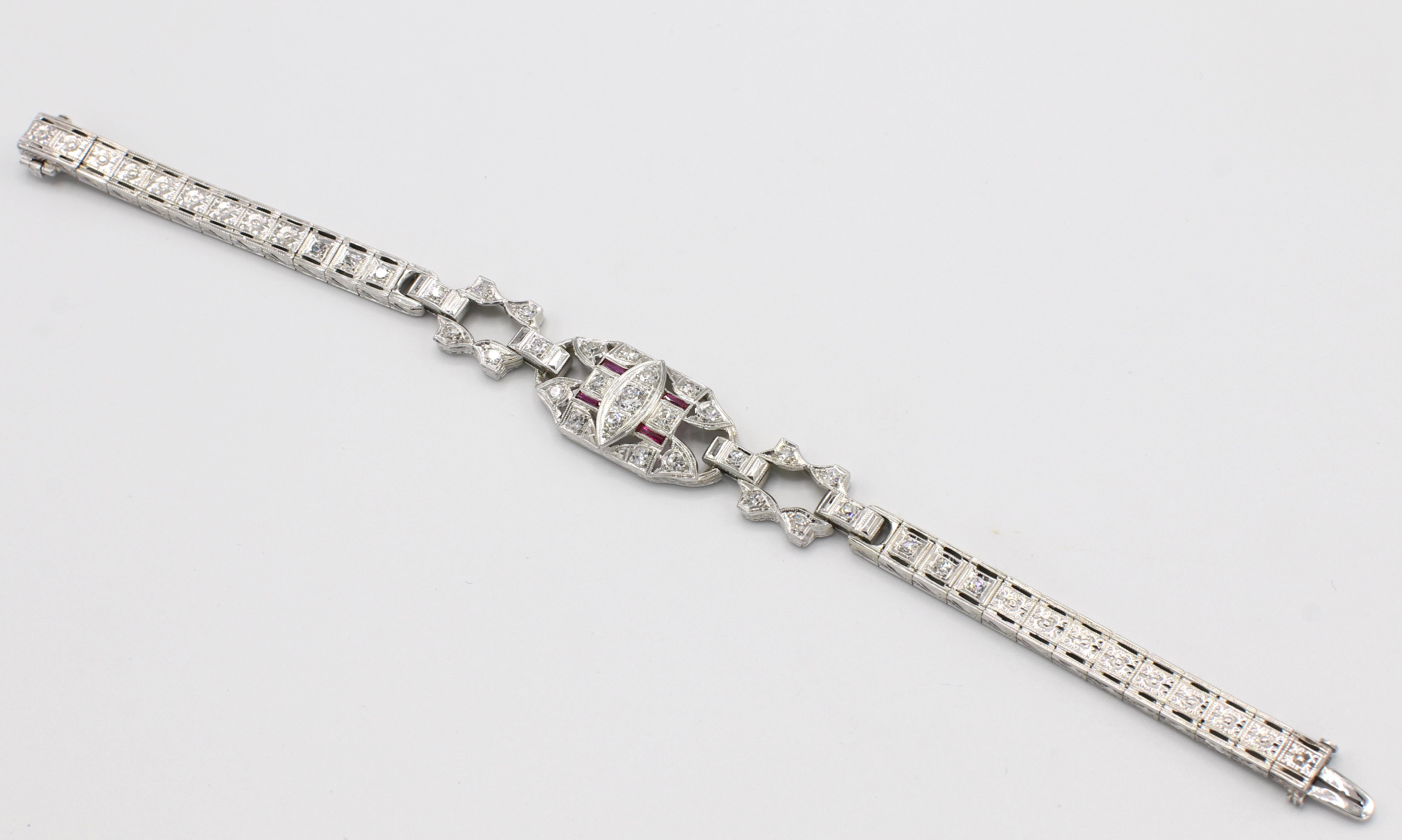 Round Cut Art Deco White Gold Diamond & Ruby Bracelet