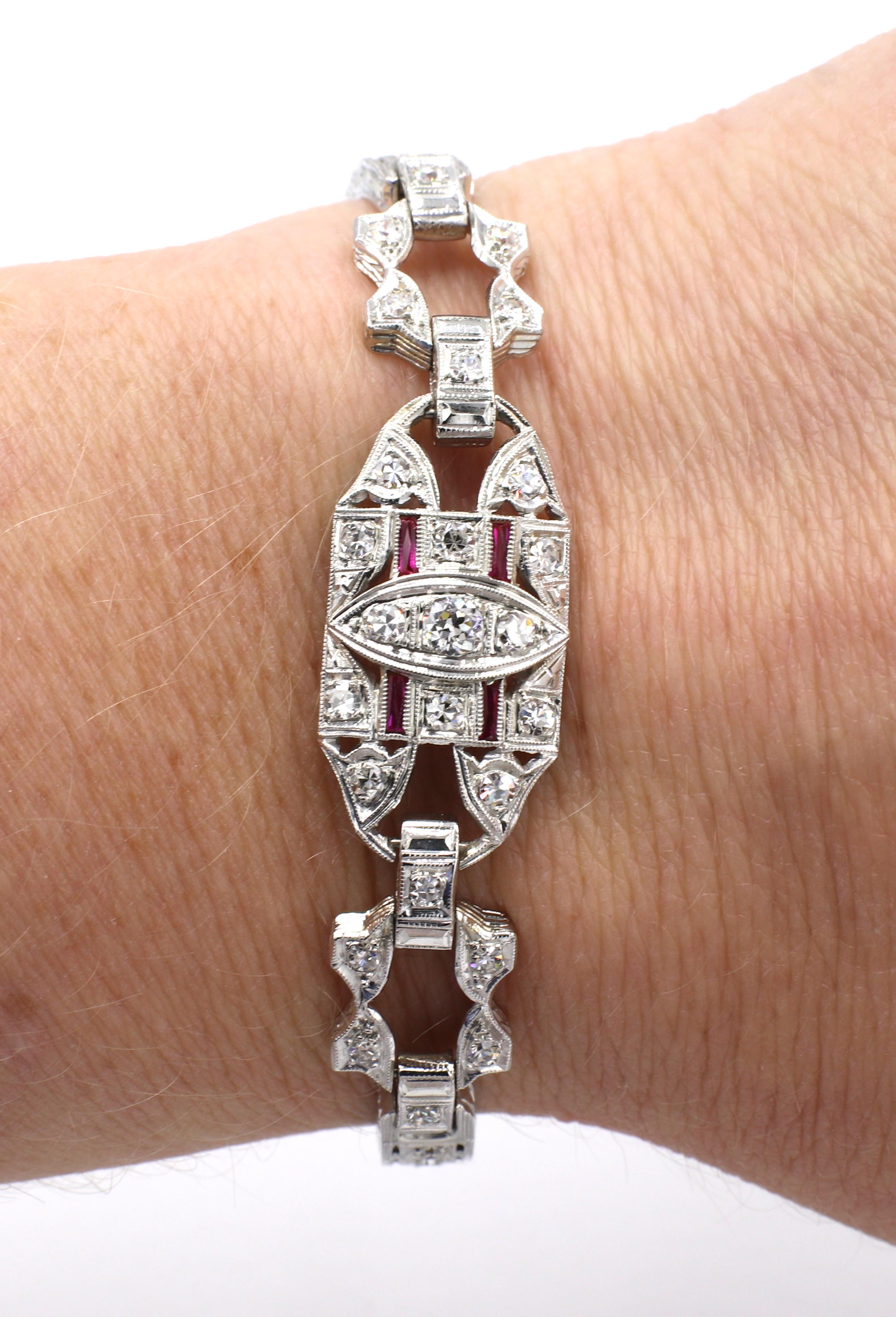 Art Deco White Gold Diamond & Ruby Bracelet In Good Condition In  Baltimore, MD