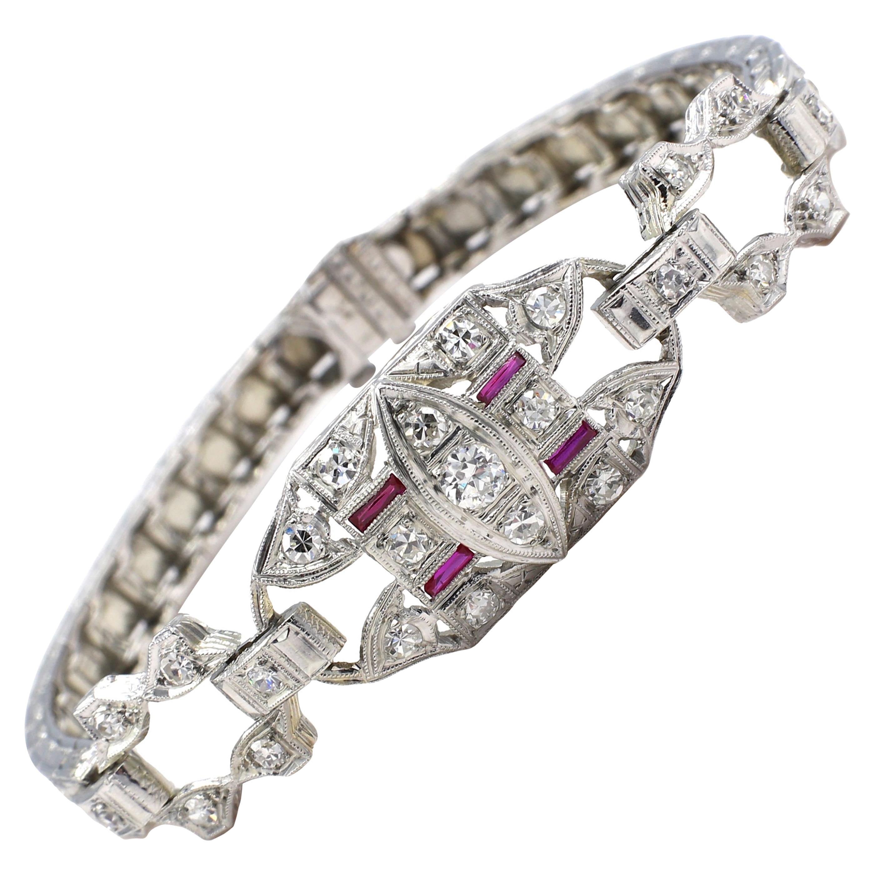 Art Deco White Gold Diamond & Ruby Bracelet