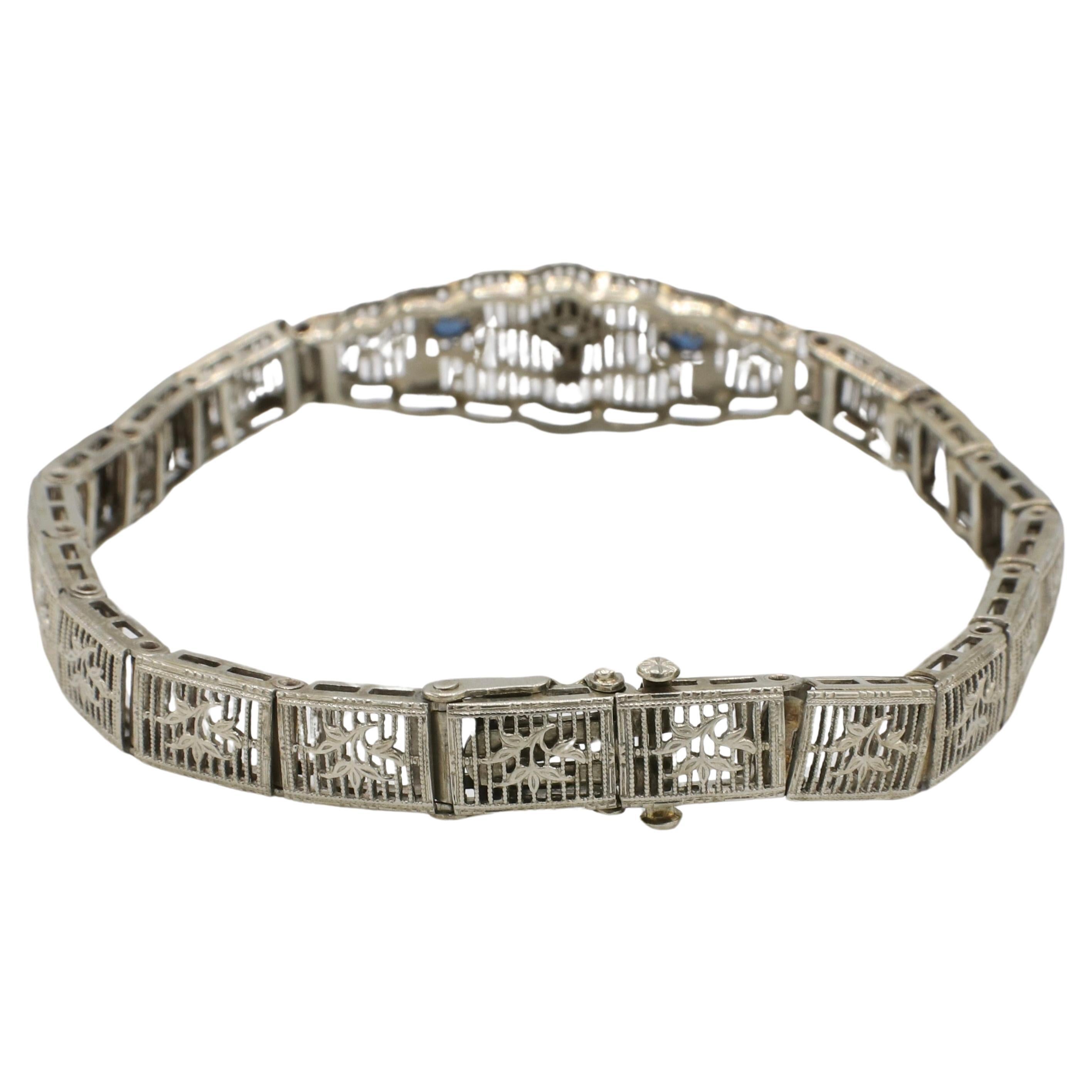 Round Cut Art Deco White Gold Filigree Natural Diamond & Sapphire Belly Bracelet  For Sale
