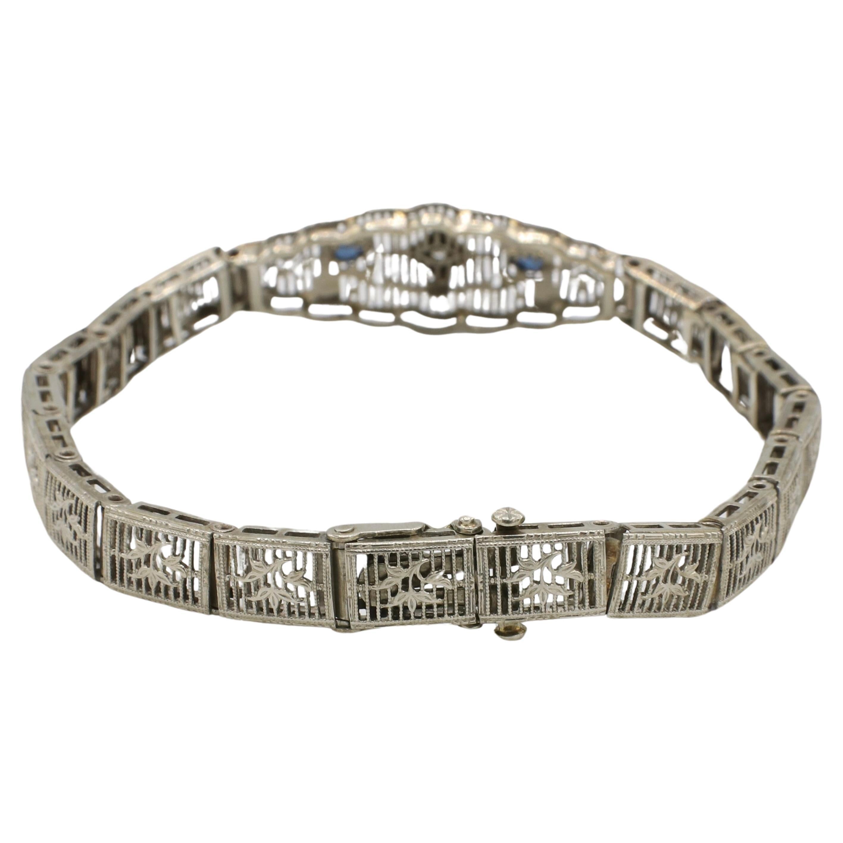 Belly-Armband aus Weißgold mit filigranem natürlichem Diamanten und Saphiren im Art déco-Stil (Rundschliff)