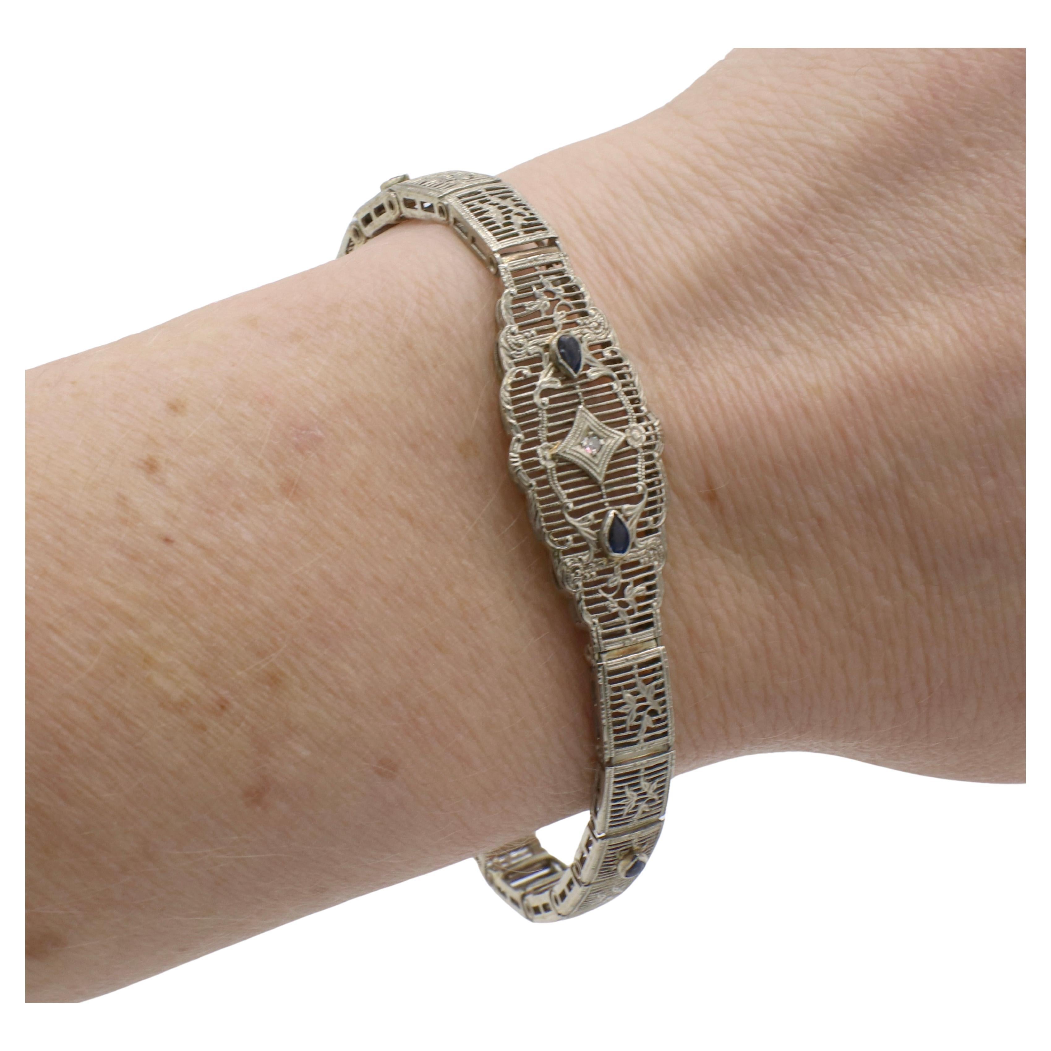 Art Deco White Gold Filigree Natural Diamond & Sapphire Belly Bracelet  In Good Condition For Sale In  Baltimore, MD