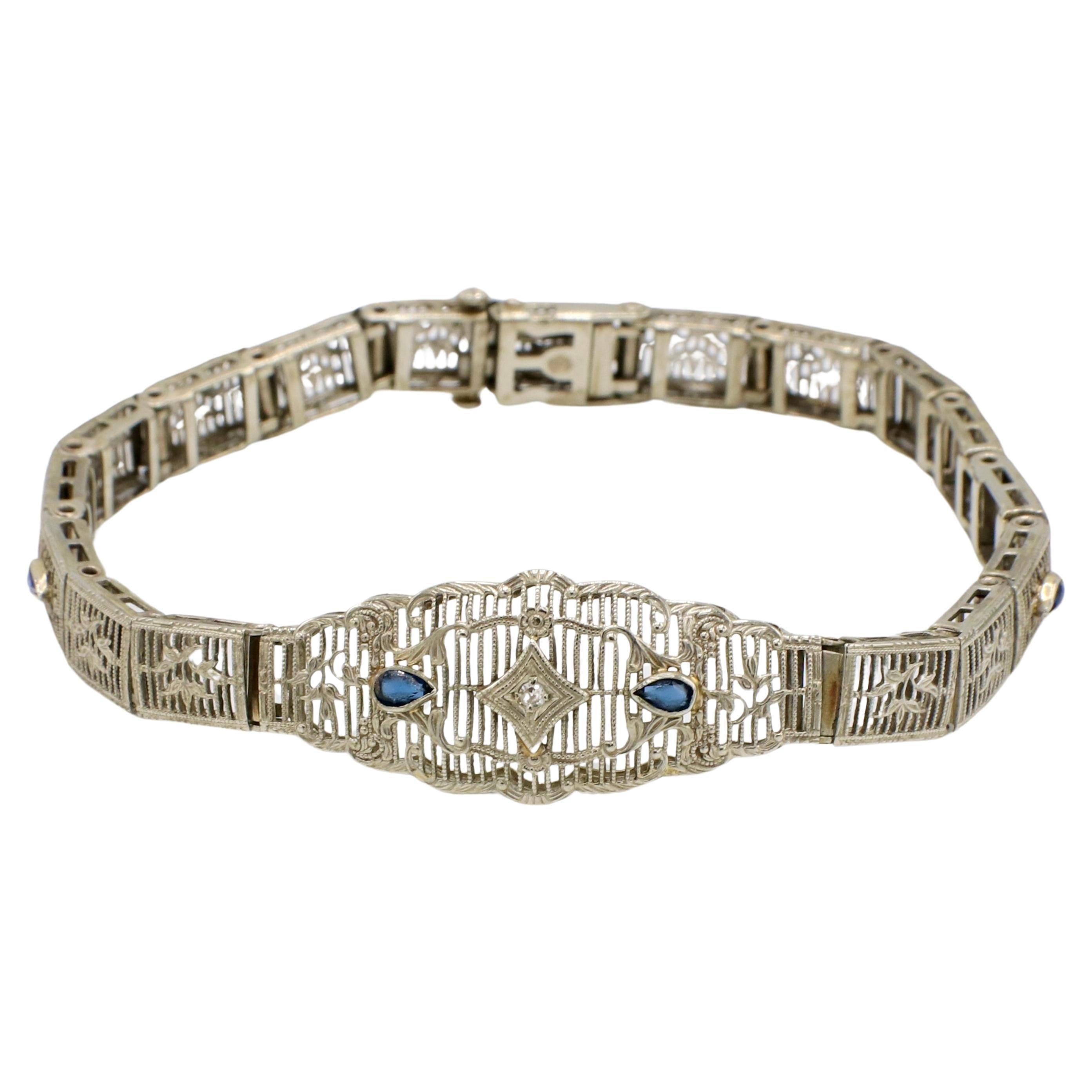 Art Deco White Gold Filigree Natural Diamond & Sapphire Belly Bracelet  For Sale