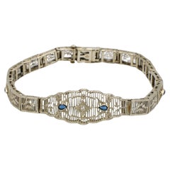 Antique Art Deco White Gold Filigree Natural Diamond & Sapphire Belly Bracelet 