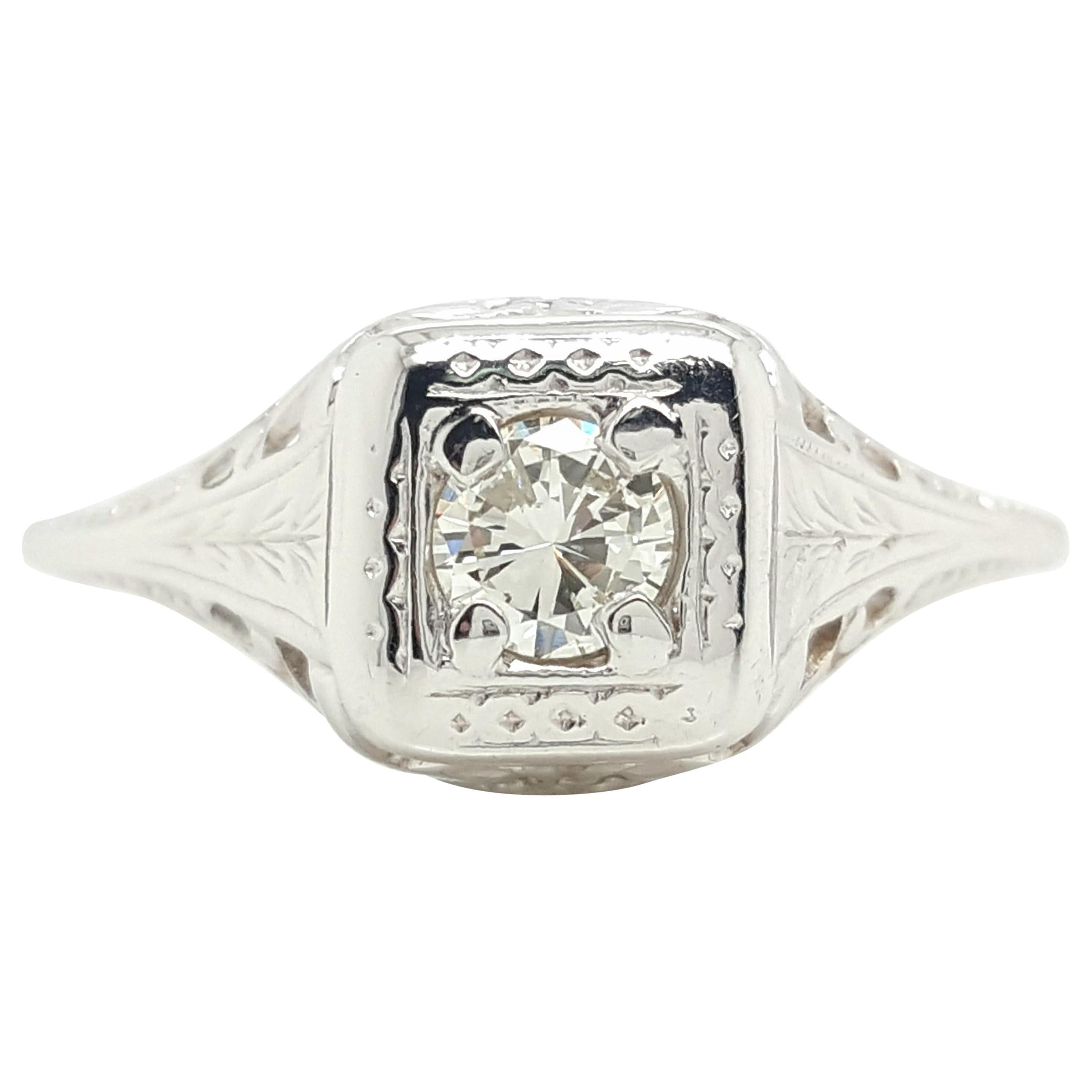 Art Deco White Gold Filigree Vintage Round Diamond Solitaire Engagement Ring For Sale