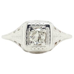 Art Deco White Gold Filigree Antique Round Diamond Solitaire Engagement Ring