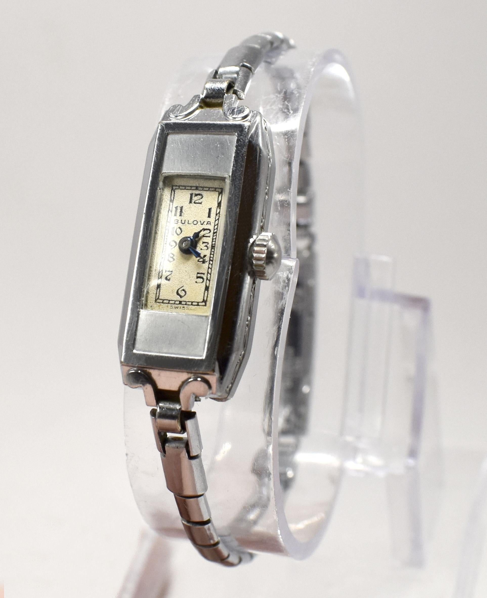 Art Deco White Gold Filled Ladies Watch by Bulova, Serviced,  circa 1935 For Sale 3