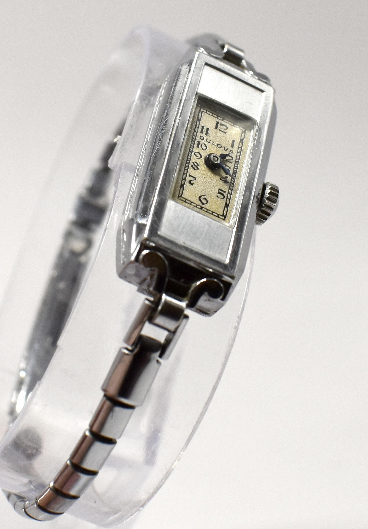 Art Deco White Gold Filled Ladies Watch by Bulova, Serviced,  circa 1935 For Sale 2