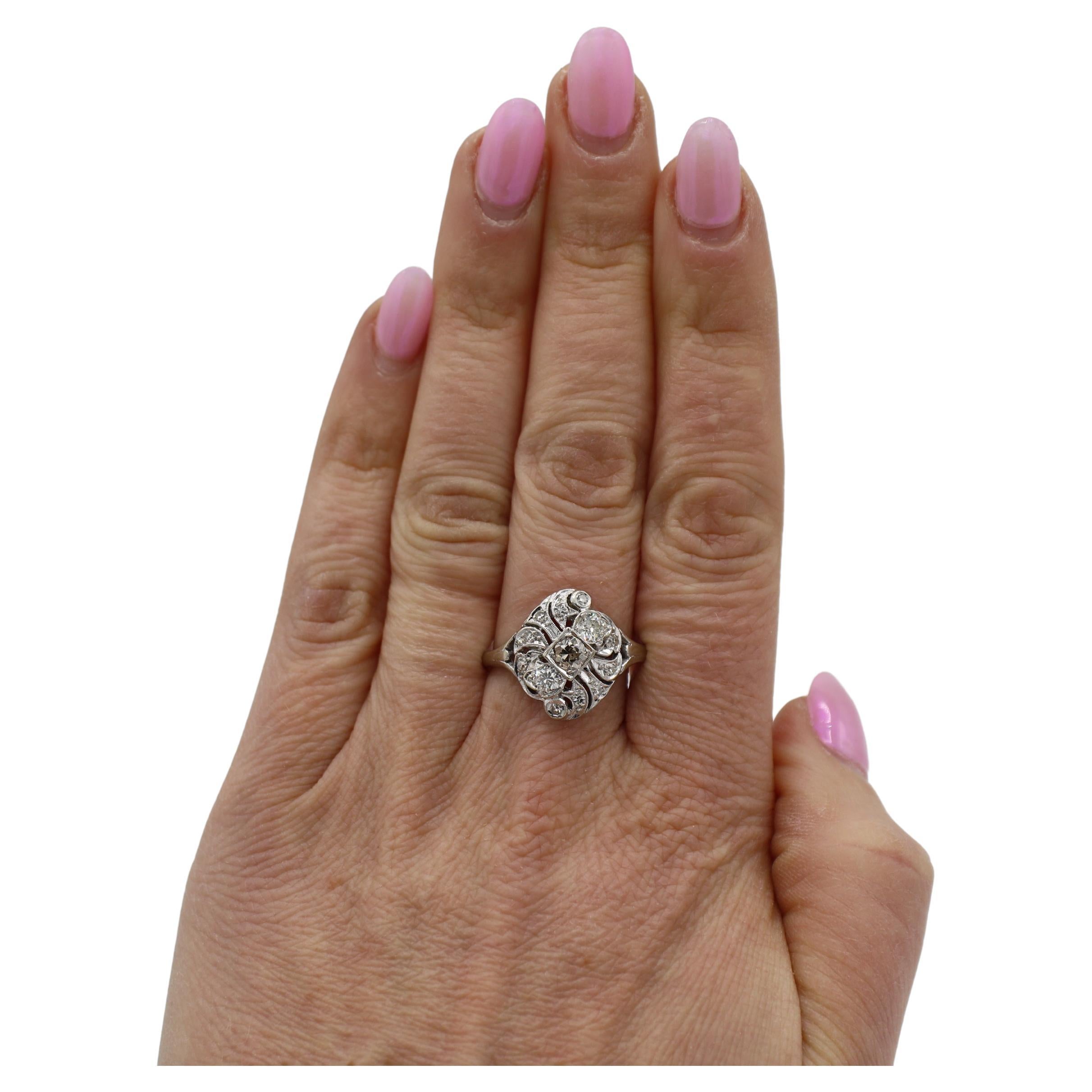 Women's Art Deco White Gold Natural Old European Cut Diamond Navette Cocktail Ring For Sale