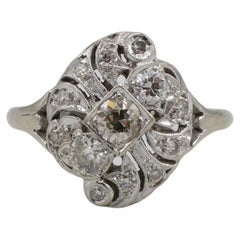 Art Deco White Gold Natural Old European Cut Diamond Navette Cocktail Ring
