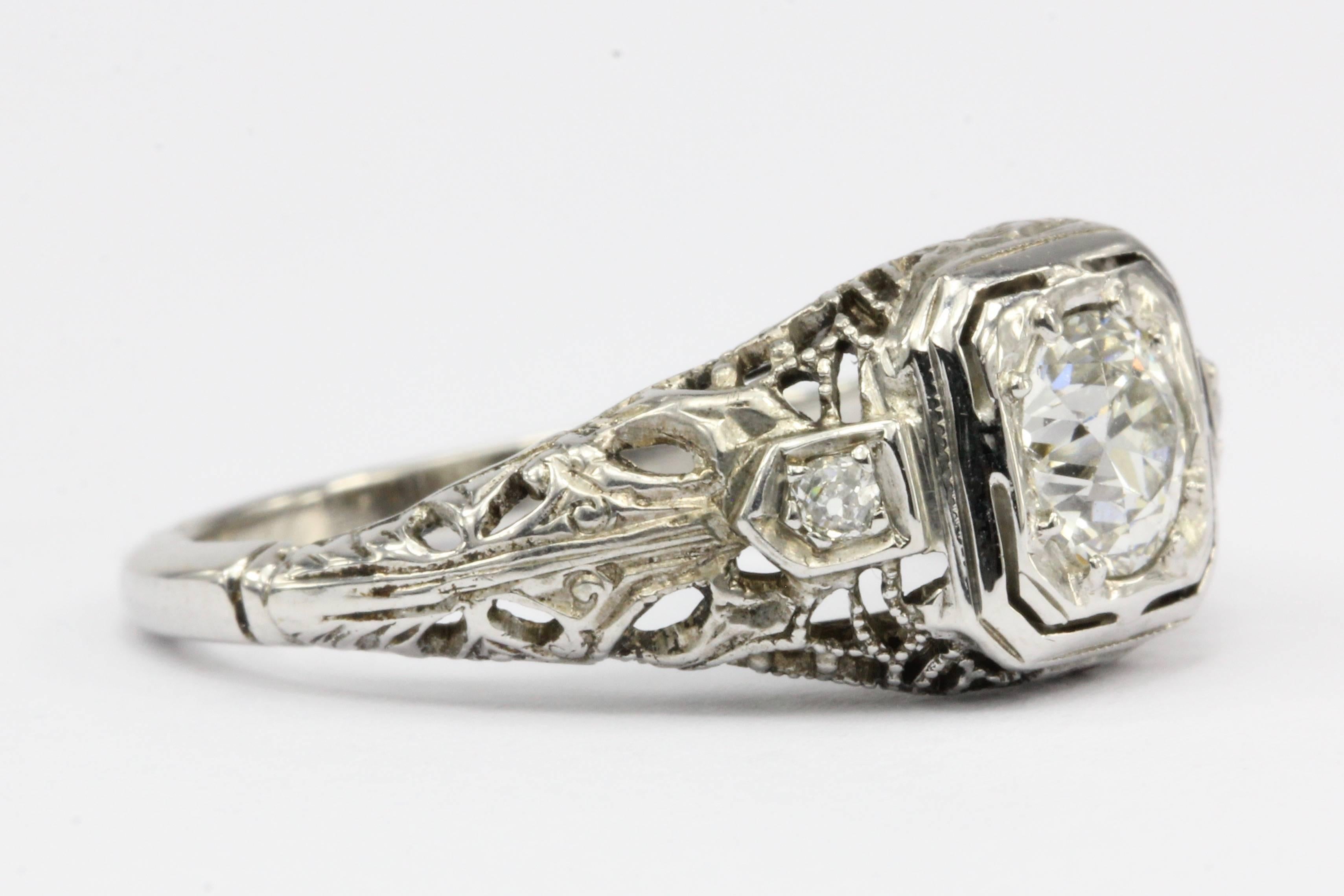 Art Deco White Gold Old European Cut Diamond Engagement Ring In Fair Condition In Cape May, NJ