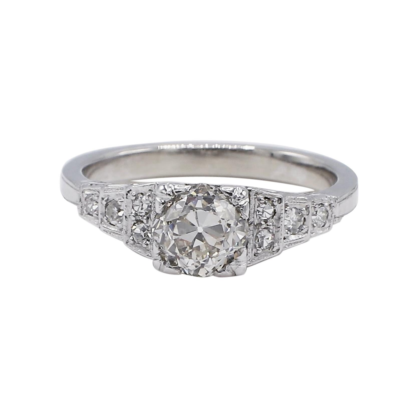 Art Deco White Gold Old European Cut Natural Diamond Engagement Ring For Sale