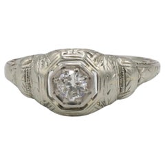Art Deco White Gold Old European Cut Natural Diamond Engagement Ring 