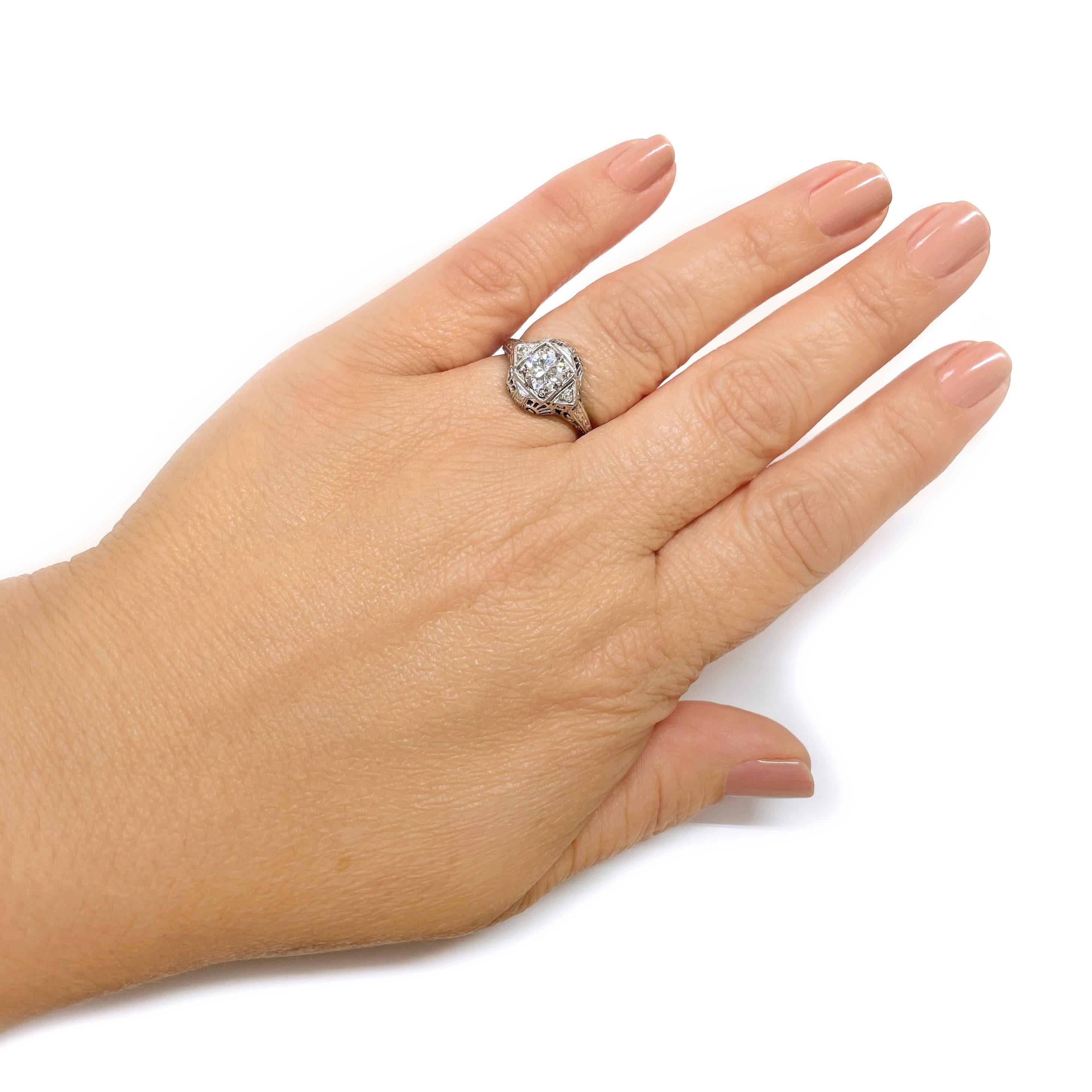 Women's or Men's Art Deco White Gold Three Diamond Ring