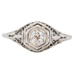 Art Deco White Gold Vintage Filigree Solitaire 0.25Ct Old Euro Engagement Ring