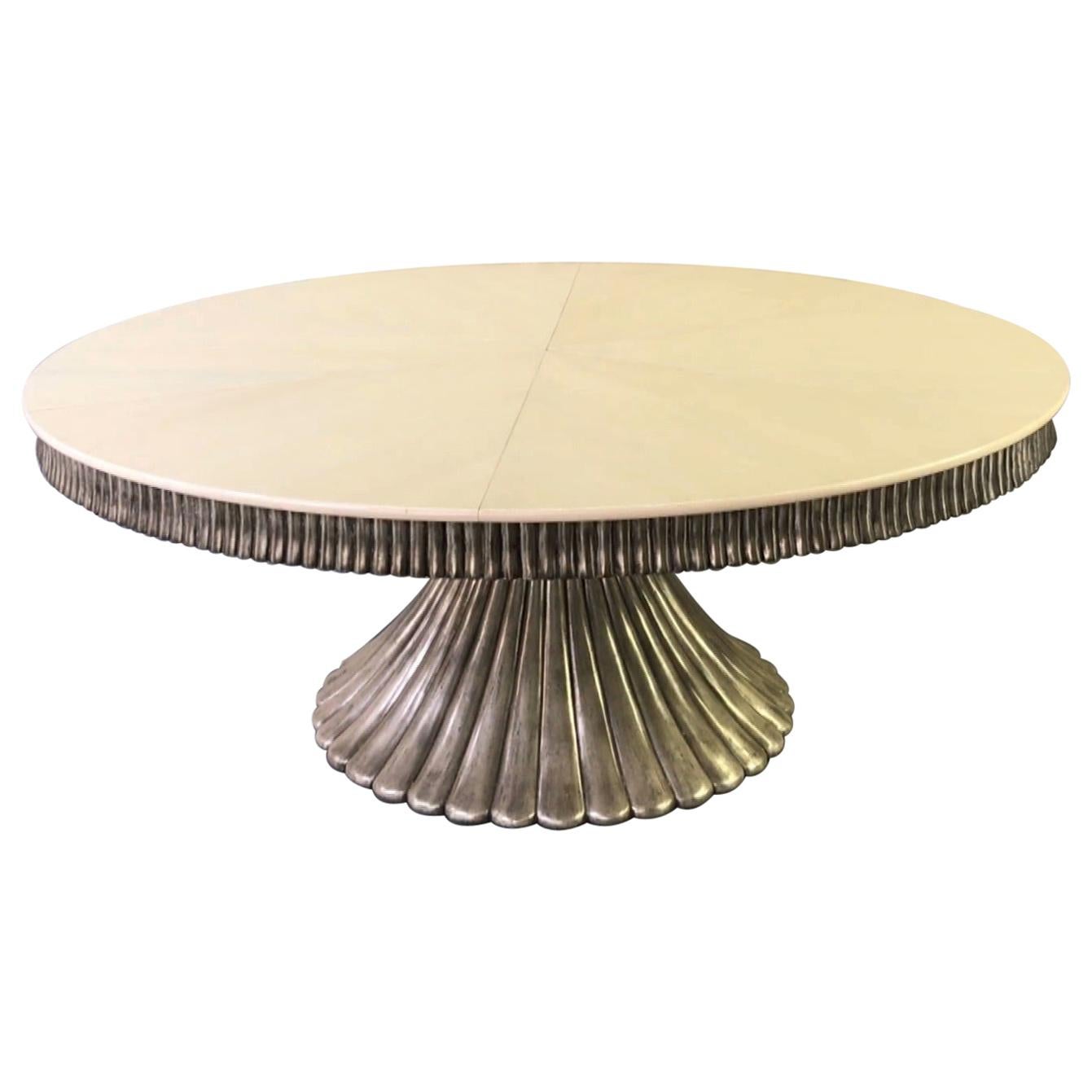 Art Deco White Lacewood with Silver Gilt Reeded Base Expanding Table For Sale