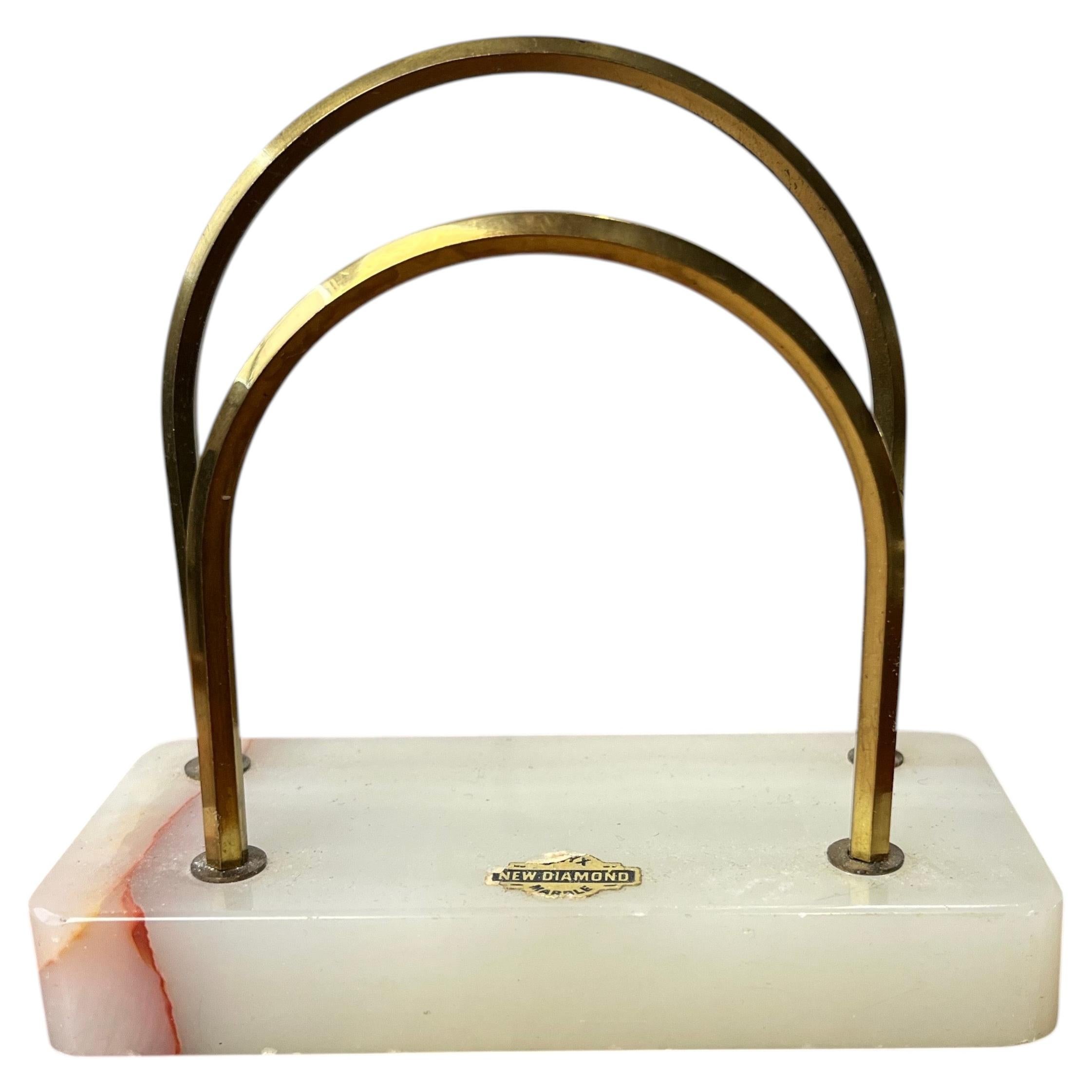 Art Deco White Marble Onyx and Brass Desk Letter Holder For Sale