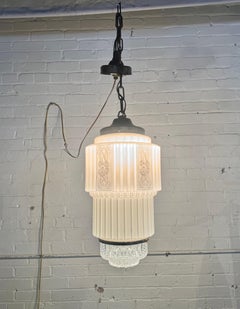 Art Deco White Milk Glass Etched Skyscraper Pendant / Chandler c.1930s