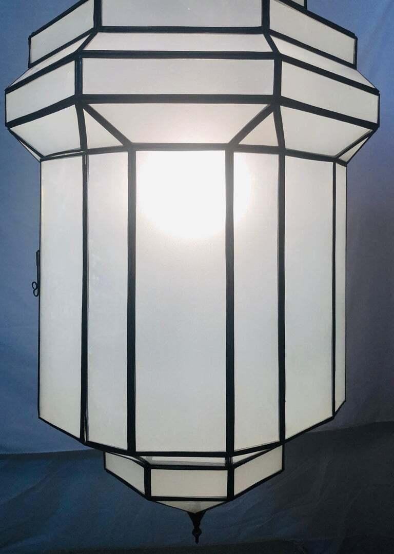 Art Deco White Milk Glass Handmade Chandelier, Pendant, Lantern, a Pair In Good Condition For Sale In Plainview, NY
