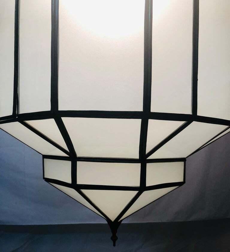 Metal Art Deco White Milk Glass Handmade Chandelier, Pendant, Lantern, a Pair For Sale