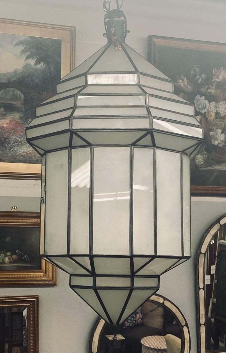 Art Deco White Milk Glass Handmade Chandelier, Pendant, Lantern, a Pair For Sale 1
