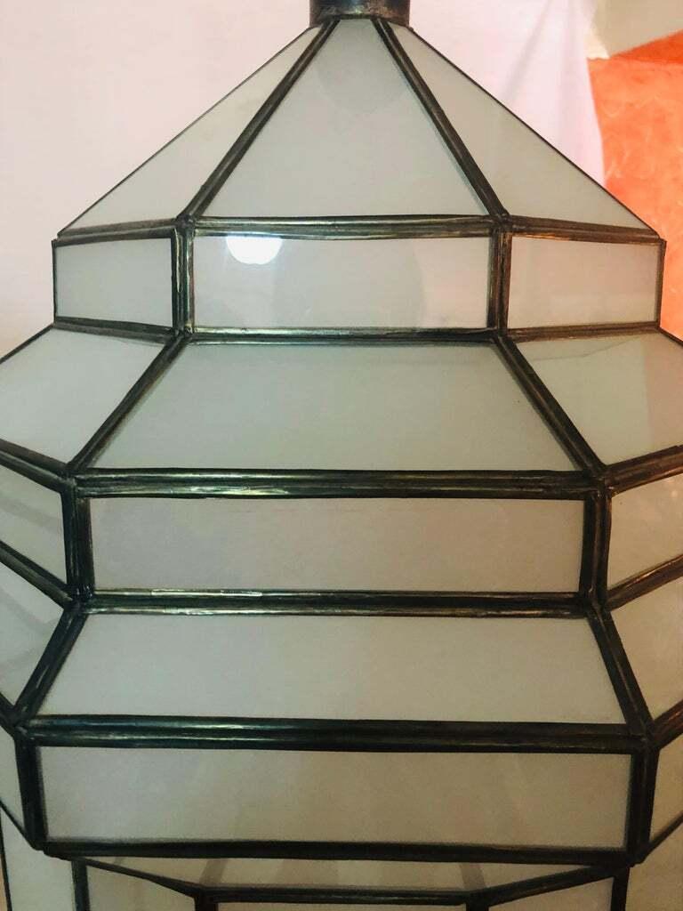 Art Deco White Milk Glass Handmade Chandelier, Pendant, Lantern, a Pair For Sale 3