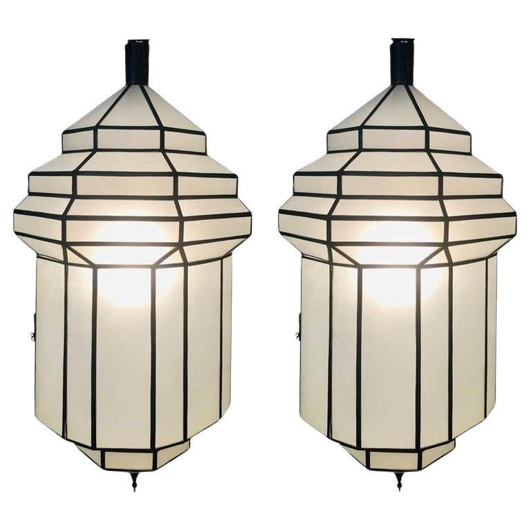 Art Deco White Milk Glass Handmade Chandelier, Pendant, Lantern, a Pair