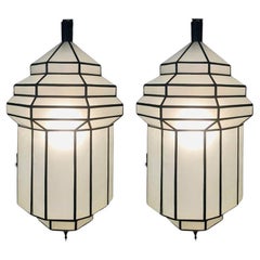 Art Deco White Milk Glass Handmade Chandelier, Pendant, Lantern, a Pair