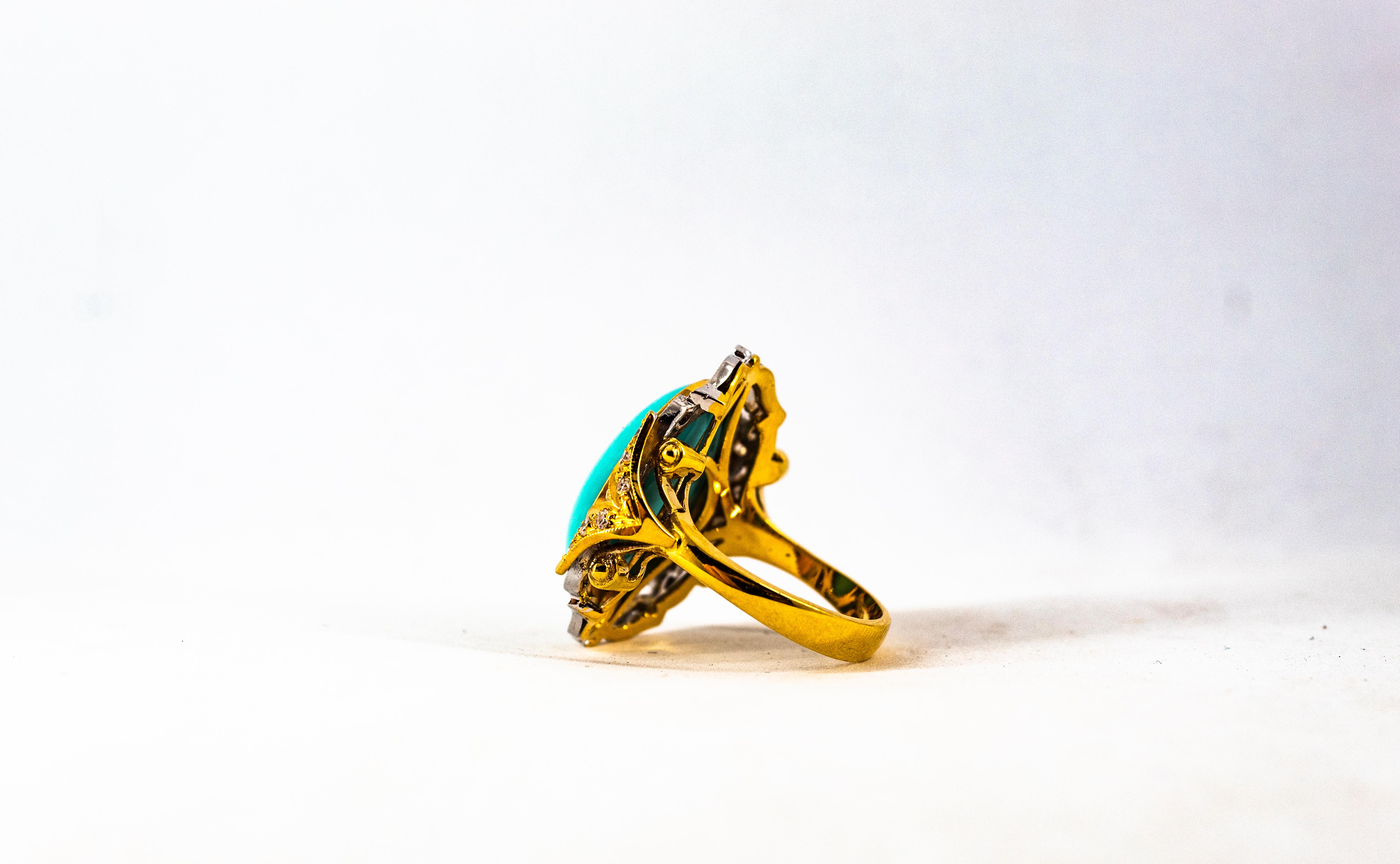 Art Deco Style Modern Round Cut Diamond Turquoise Yellow Gold Cocktail Ring For Sale 5