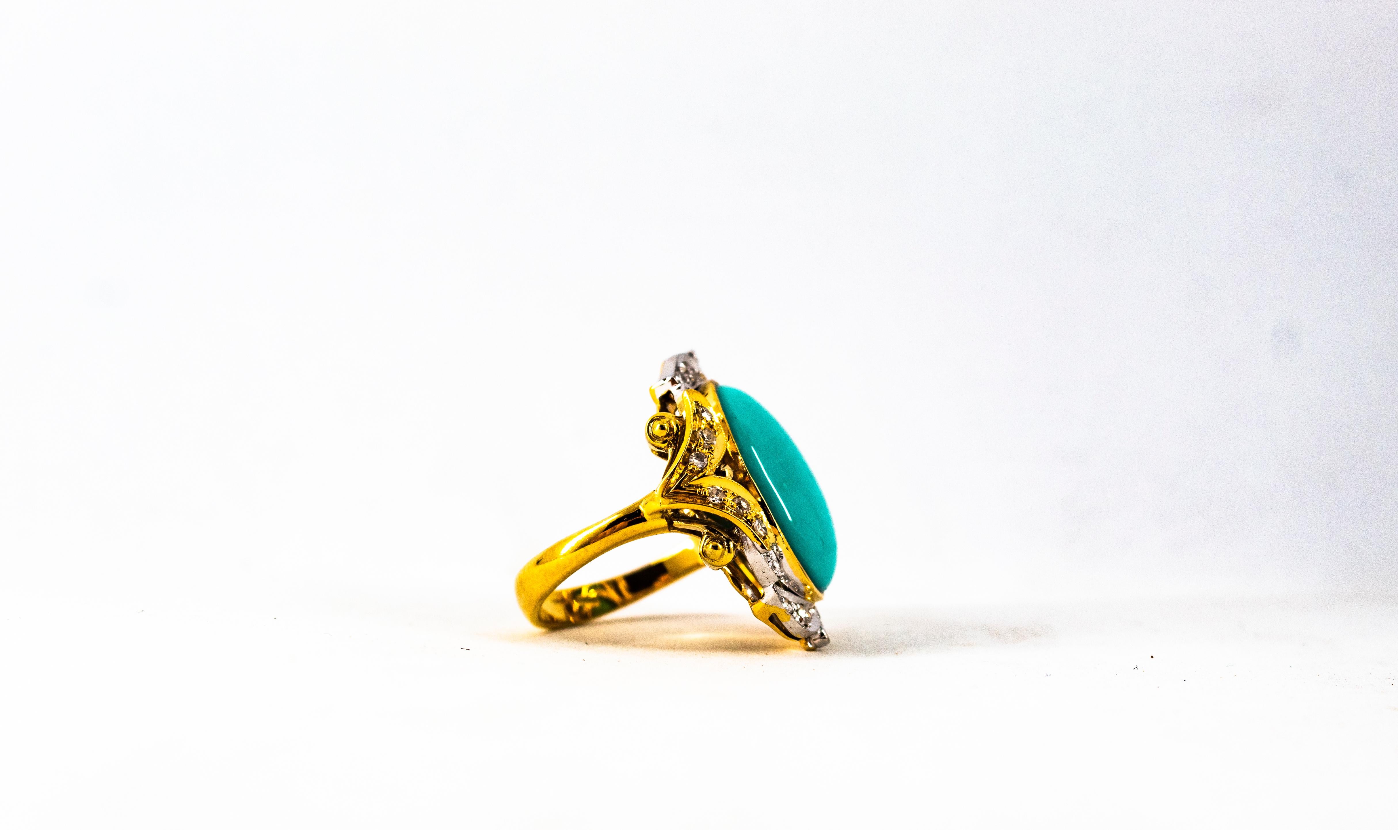 Art Deco Style Modern Round Cut Diamond Turquoise Yellow Gold Cocktail Ring For Sale 7