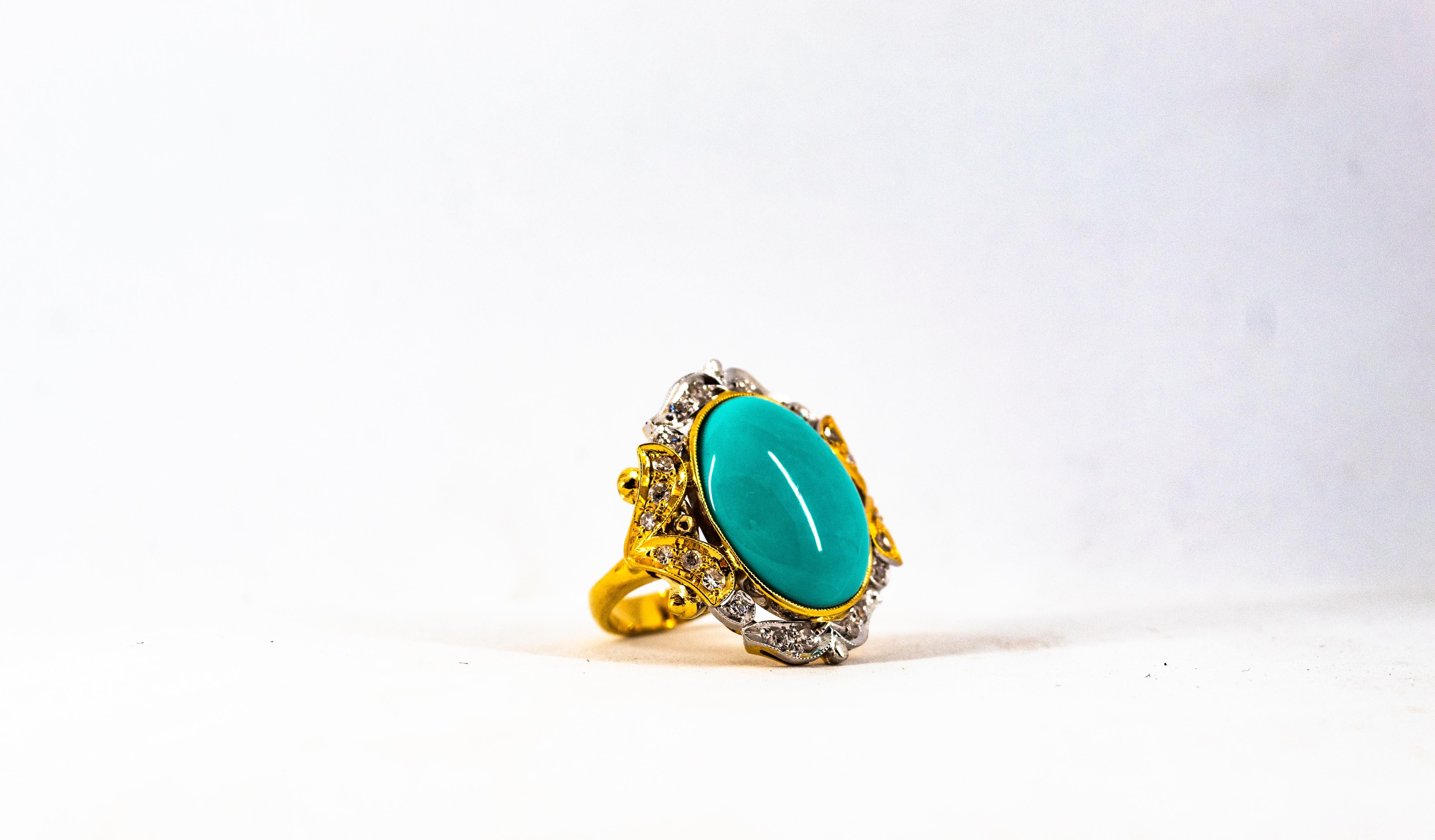 Art Deco Style Modern Round Cut Diamond Turquoise Yellow Gold Cocktail Ring For Sale 8