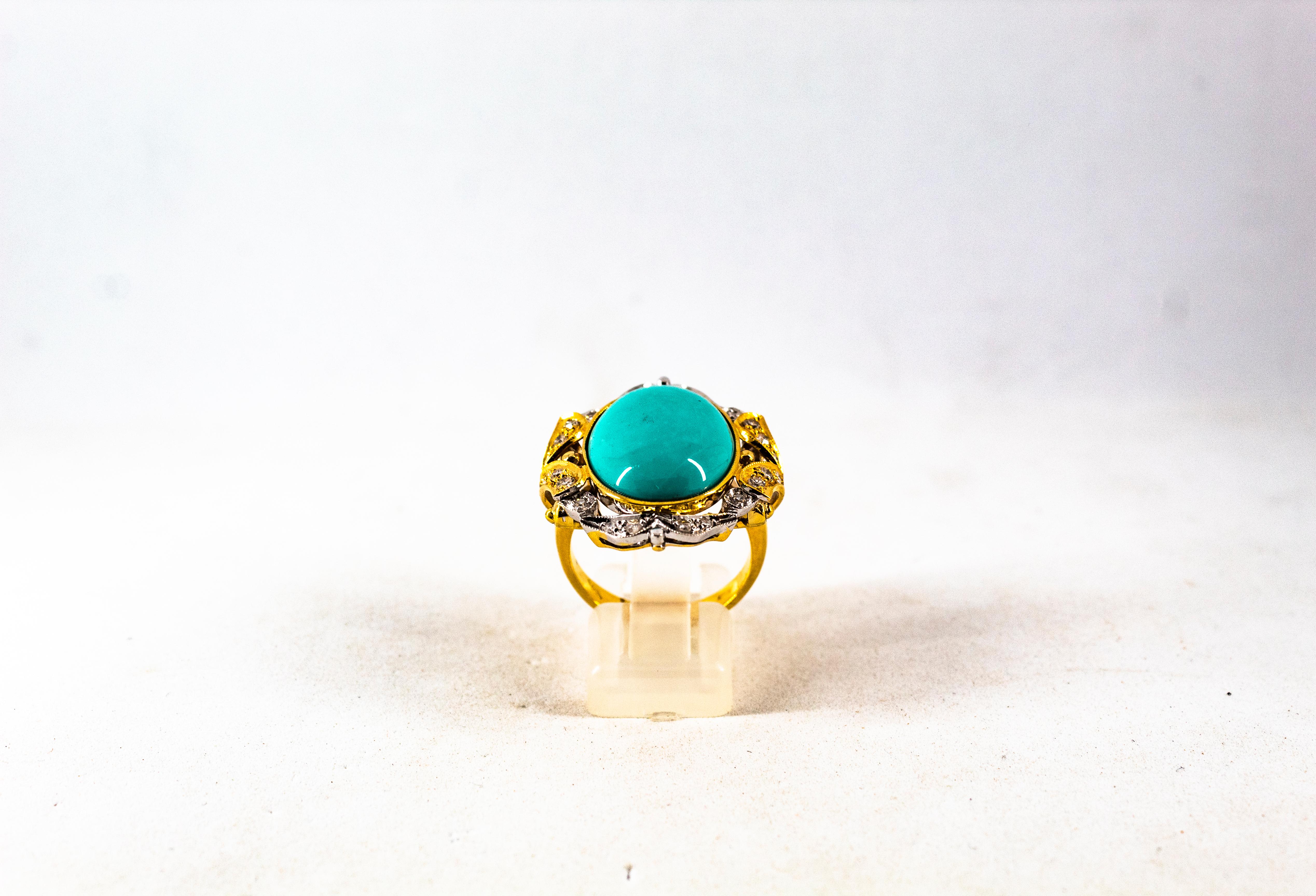This Ring is made of 14K Yellow Gold.
This Ring has 0.24 Carats of White Modern Round Cut Diamonds.
This Ring has a 10.00 Carats Cabochon Cut Natural Turquoise.
This Ring is available also with a central Pink Coral.
Size ITA: 17 USA: 8
We're a
