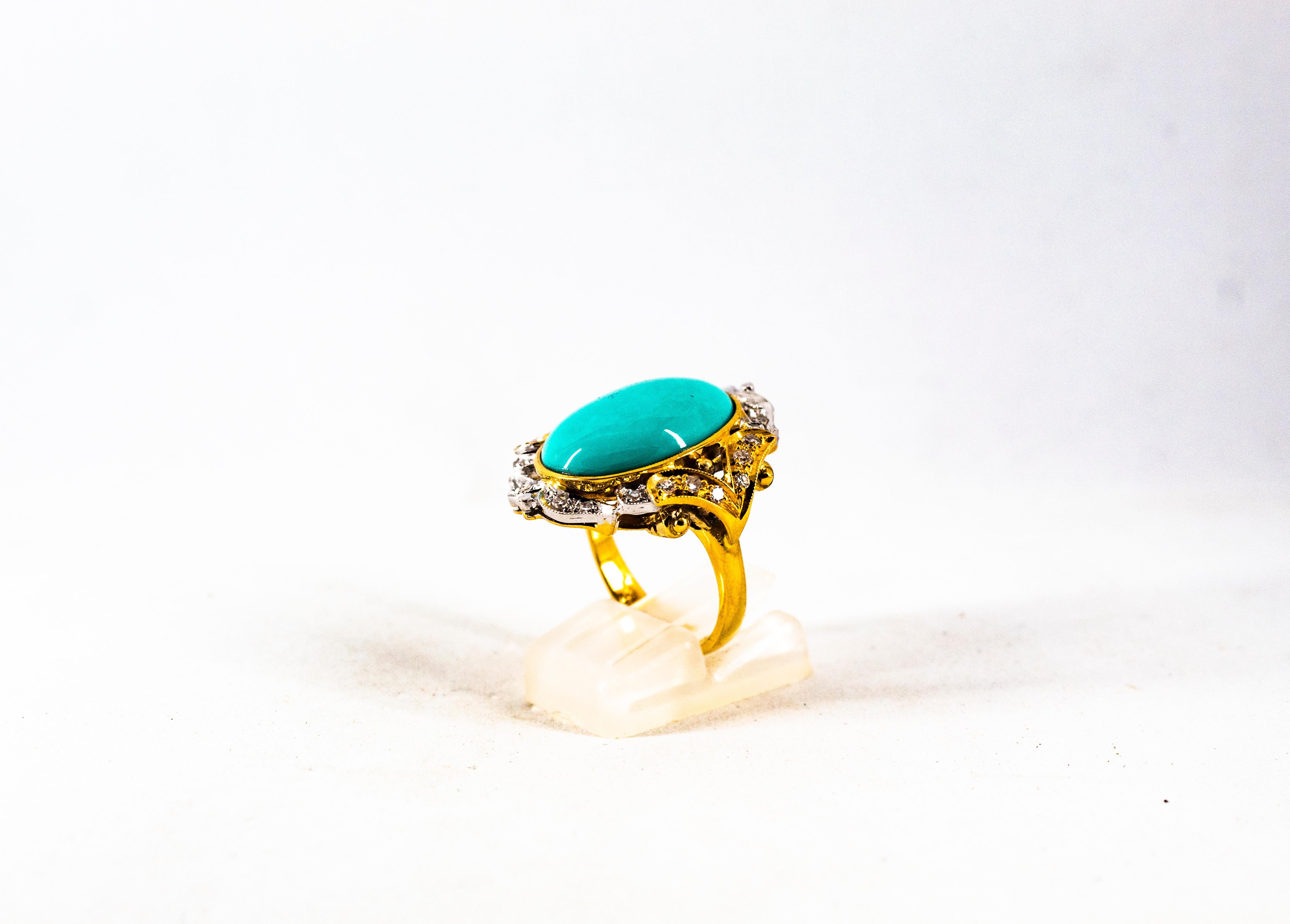 Brilliant Cut Art Deco Style Modern Round Cut Diamond Turquoise Yellow Gold Cocktail Ring For Sale