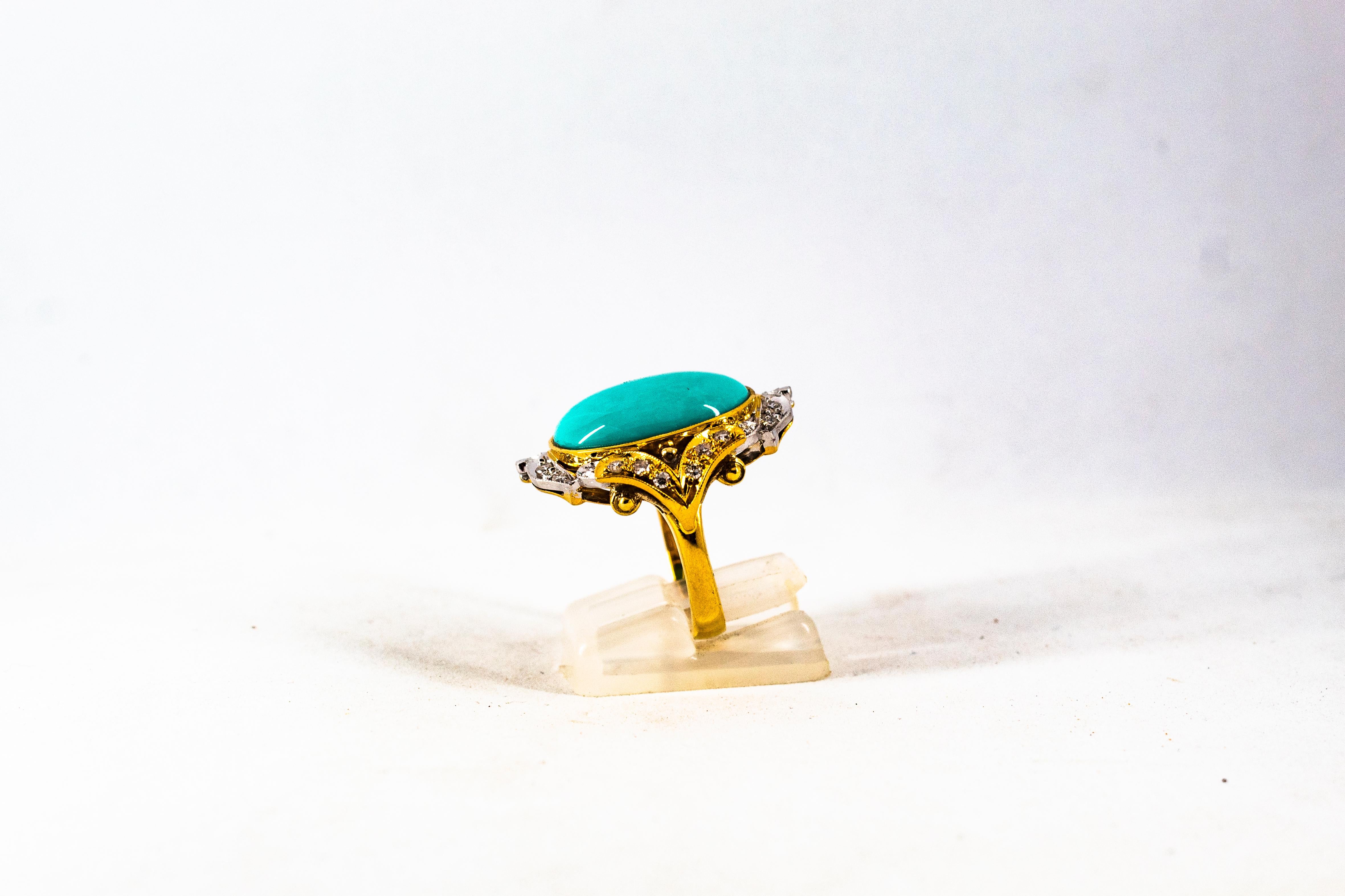 Art Deco Style Modern Round Cut Diamond Turquoise Yellow Gold Cocktail Ring In New Condition For Sale In Naples, IT
