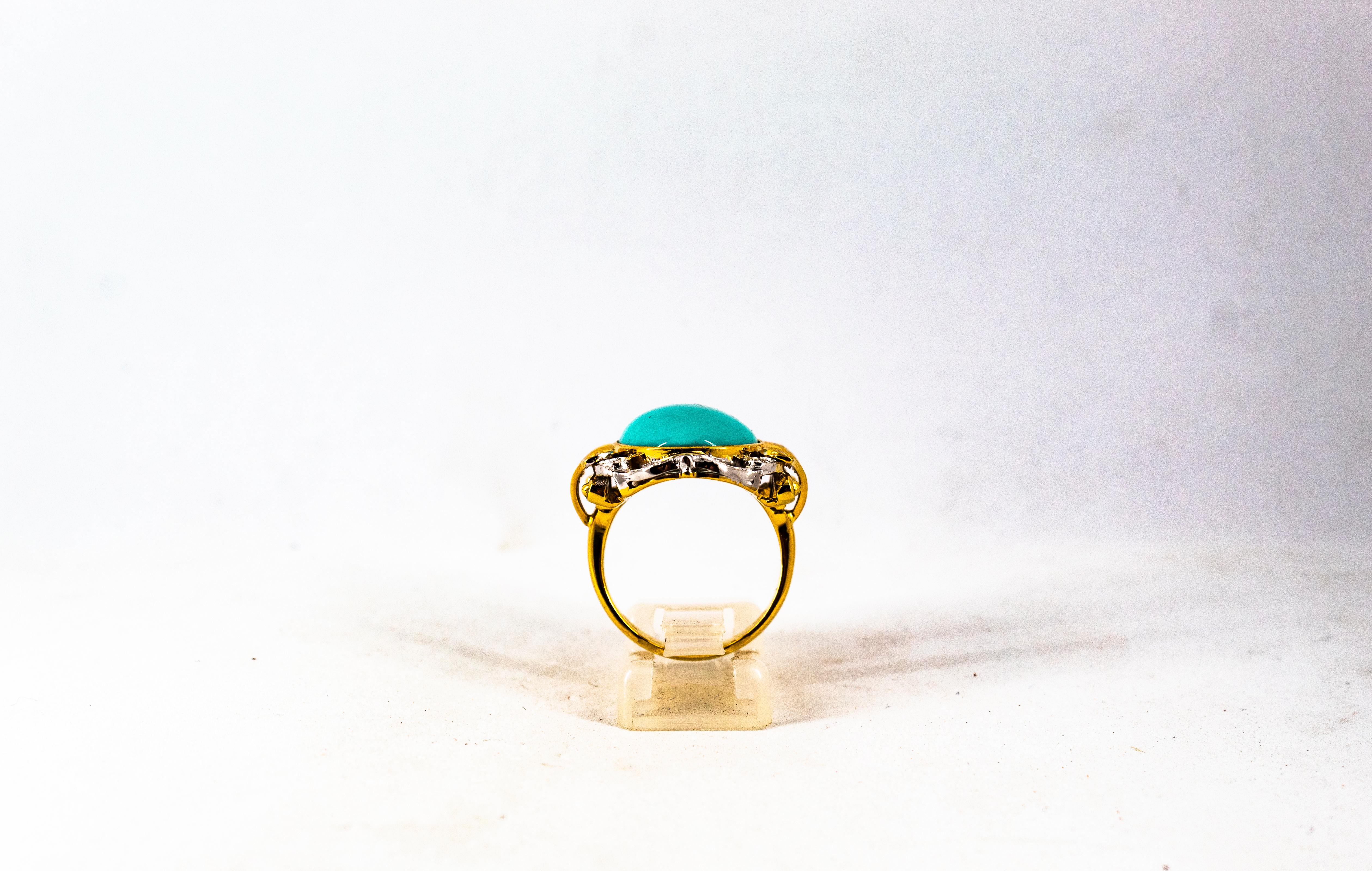 Women's or Men's Art Deco Style Modern Round Cut Diamond Turquoise Yellow Gold Cocktail Ring For Sale
