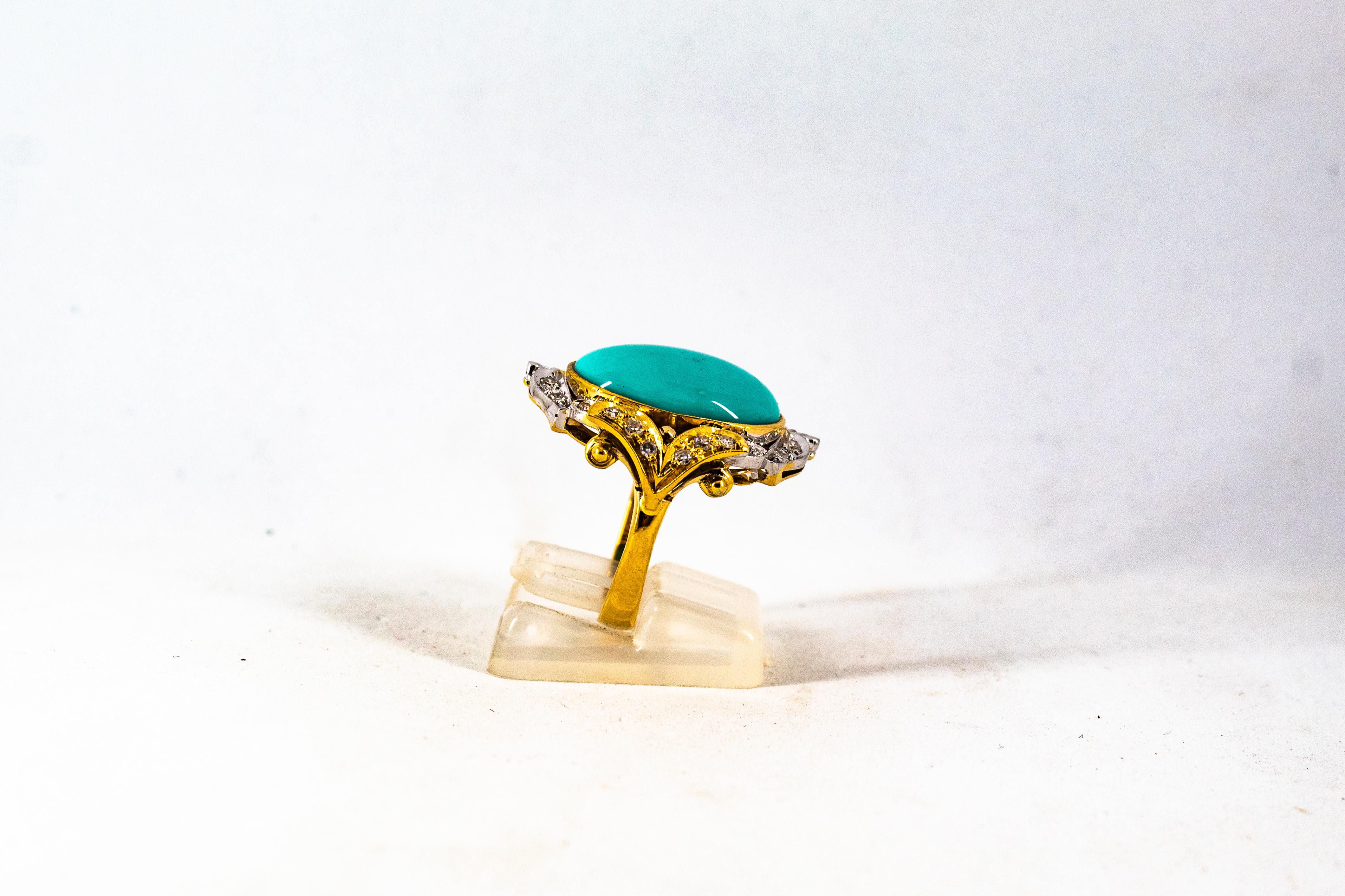 Art Deco Style Modern Round Cut Diamond Turquoise Yellow Gold Cocktail Ring For Sale 1