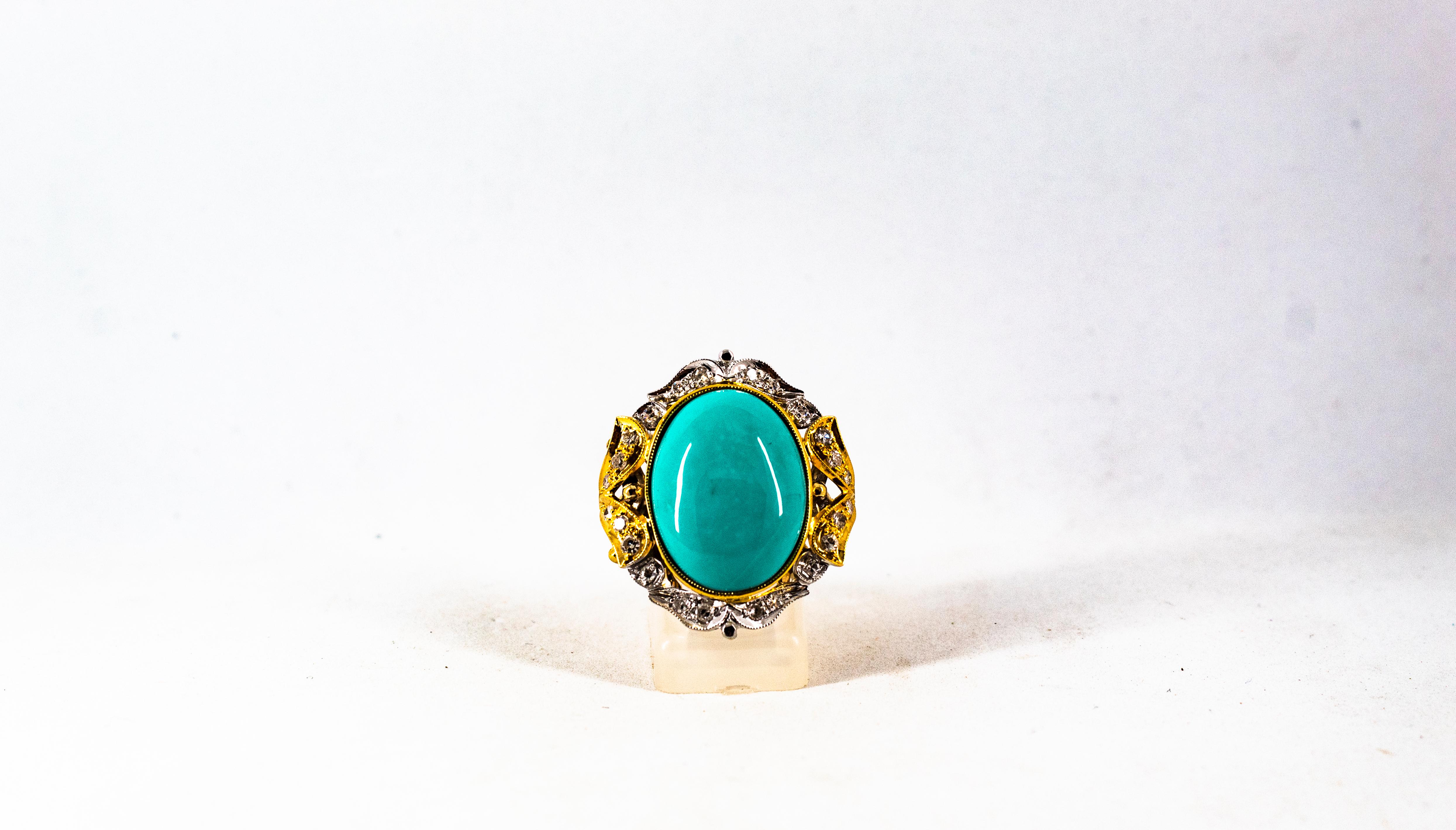 Art Deco Style Modern Round Cut Diamond Turquoise Yellow Gold Cocktail Ring For Sale 2