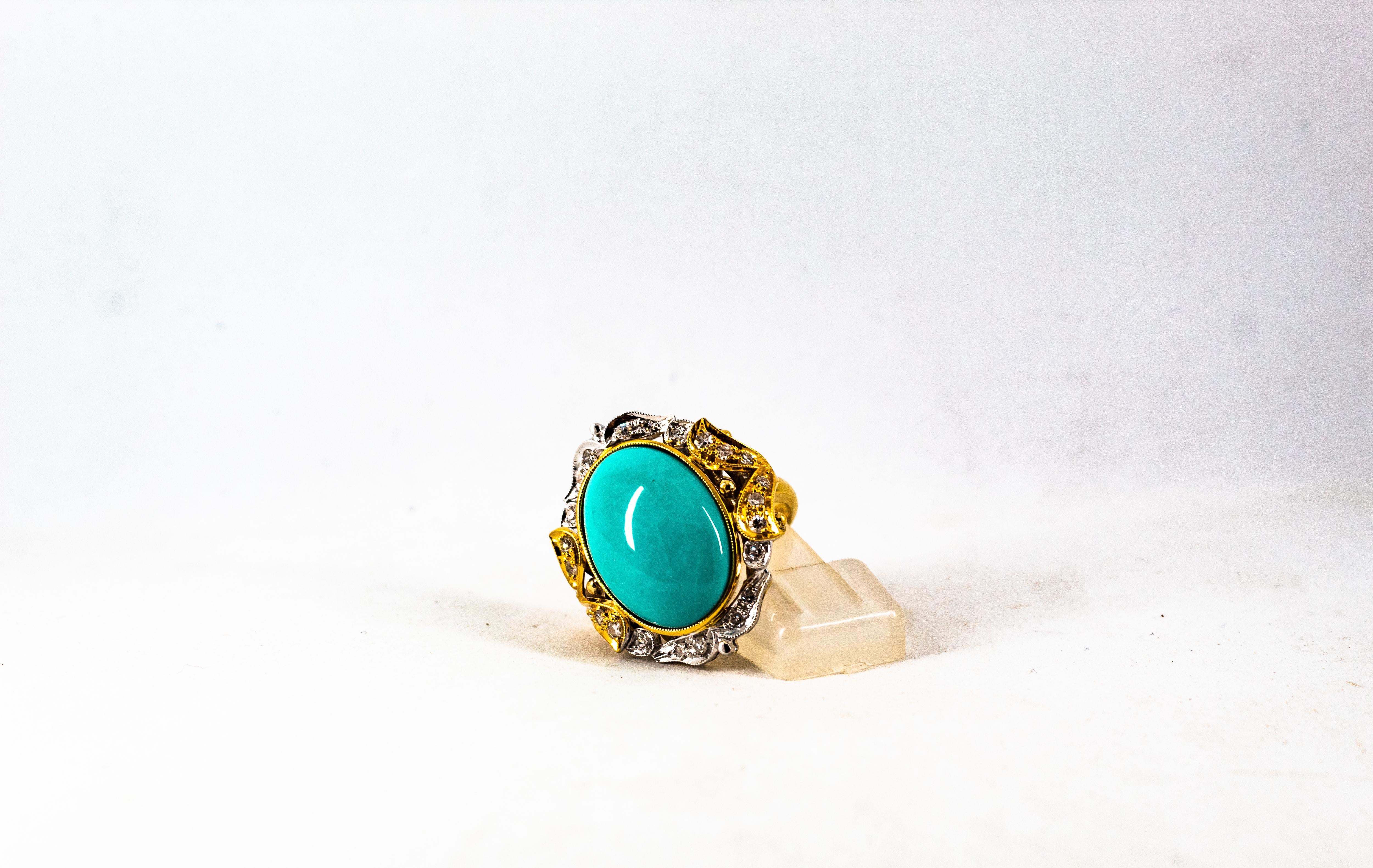 Art Deco Style Modern Round Cut Diamond Turquoise Yellow Gold Cocktail Ring For Sale 3