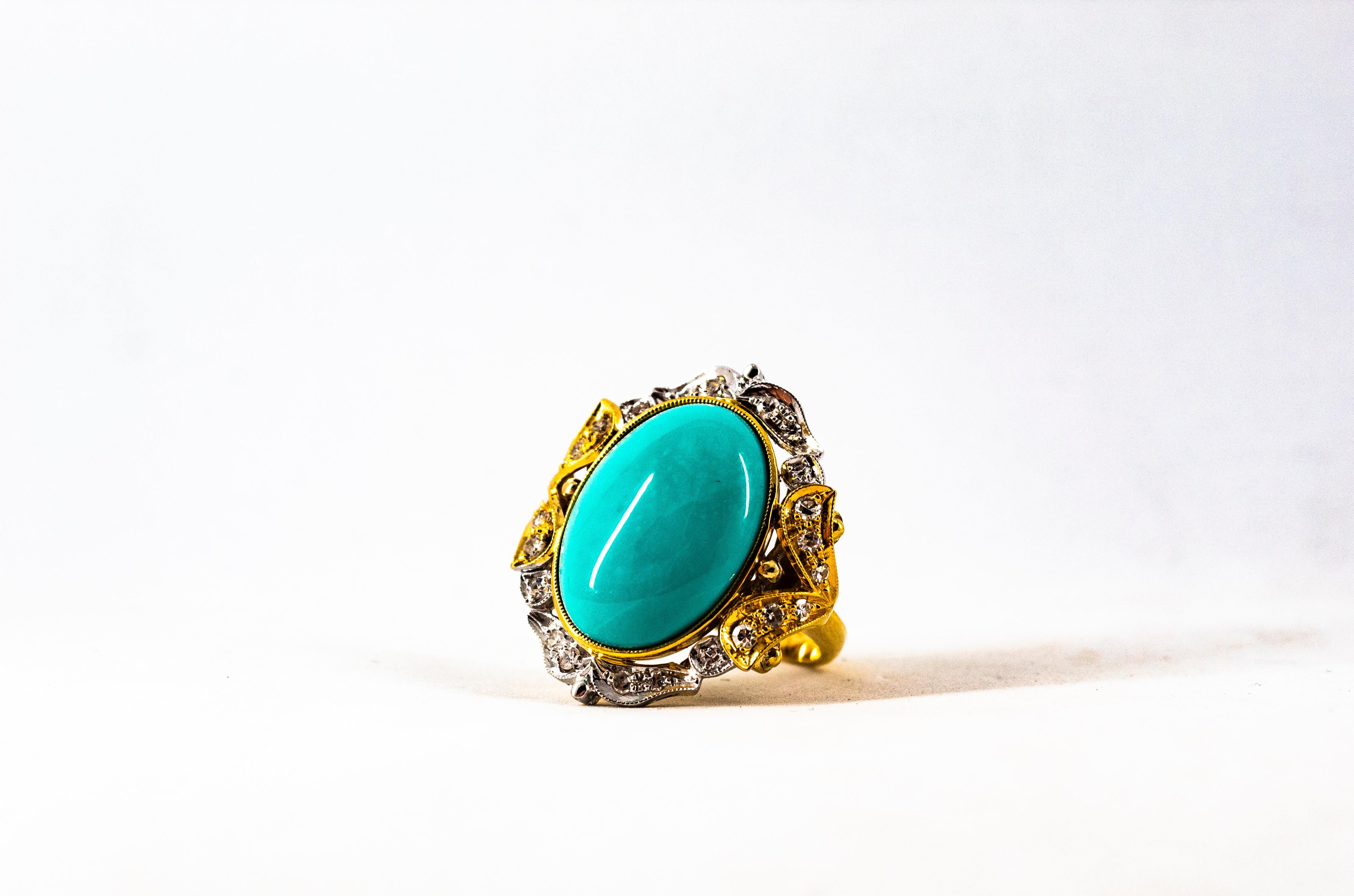 Art Deco Style Modern Round Cut Diamond Turquoise Yellow Gold Cocktail Ring For Sale 4