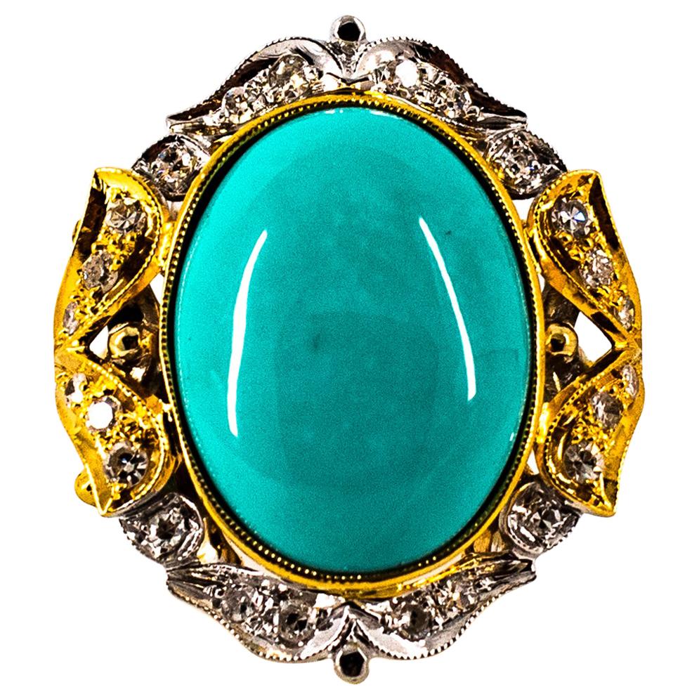 Art Deco Style Modern Round Cut Diamond Turquoise Yellow Gold Cocktail Ring