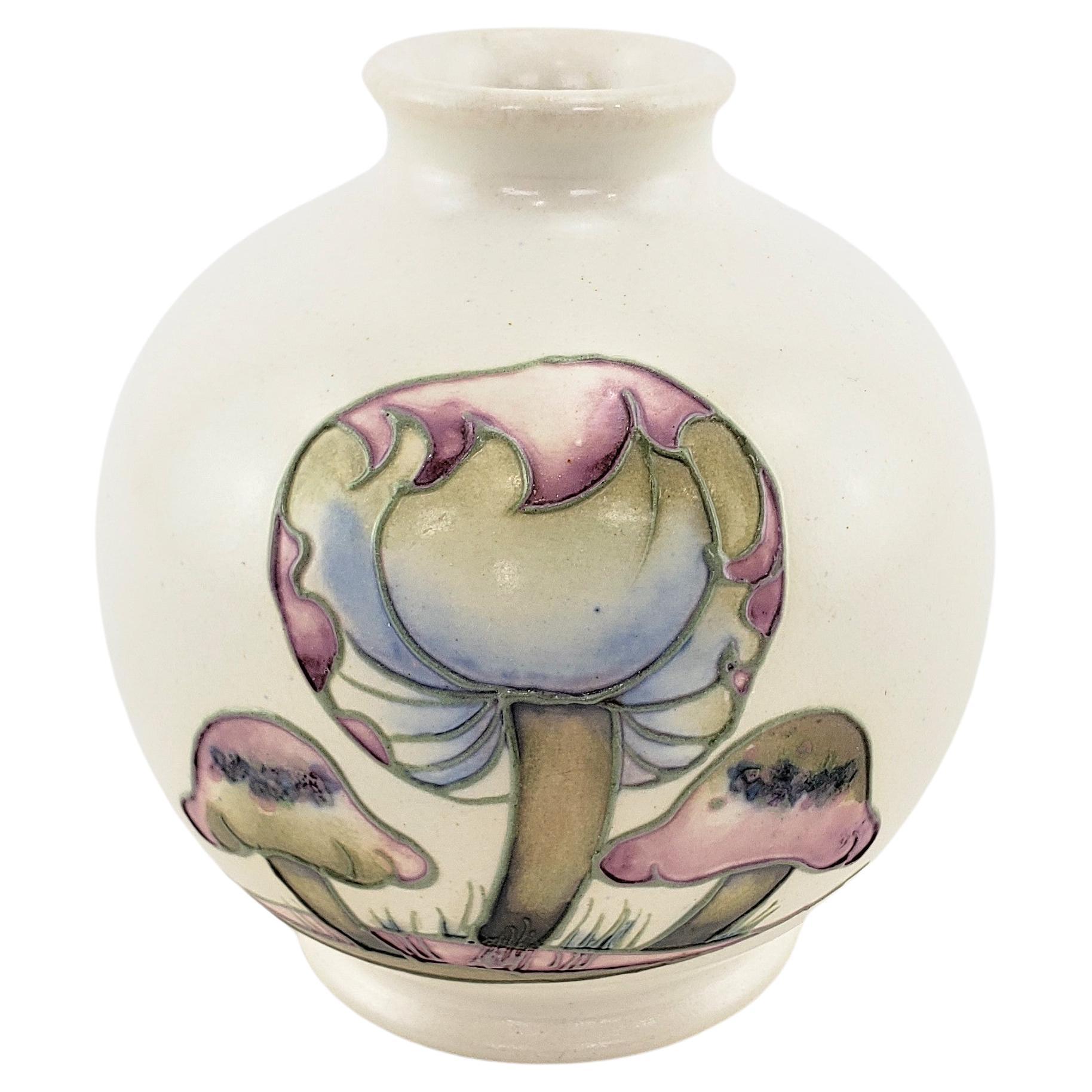 Art Deco White Moorcroft Art Pottery Vase in Claremont Pattern with Toadstools For Sale