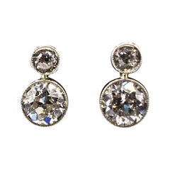 Art Deco White Old European Cut Diamond White Gold Lever-Back Dangle Earrings