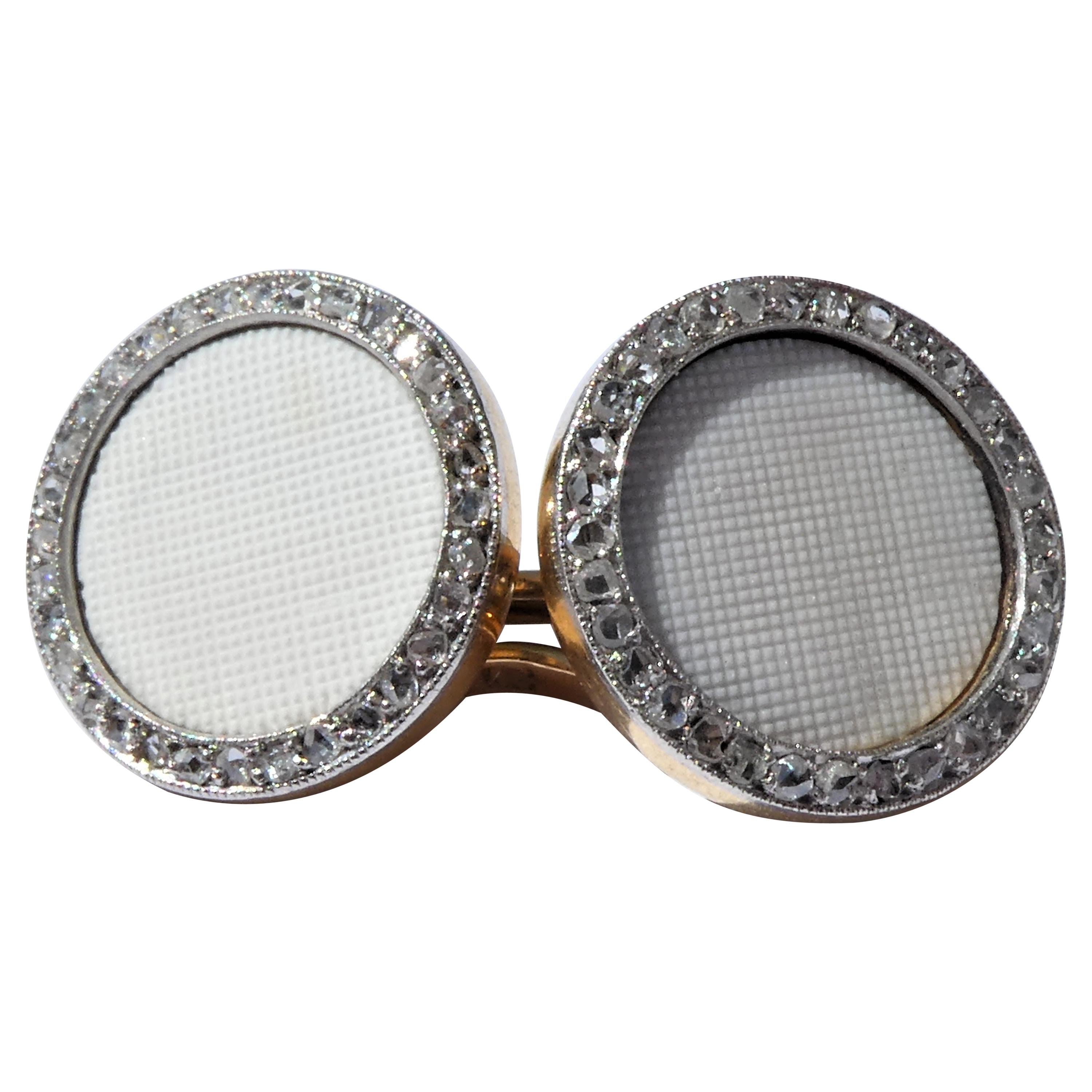 Art Deco White Onyx Platinum 18 Karat Gold Rose Cut Diamonds Cufflinks For Sale