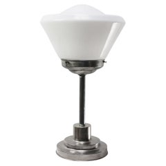 Art Deco White Opaline Cone Glass Nickel Plated Table Desk Lamp