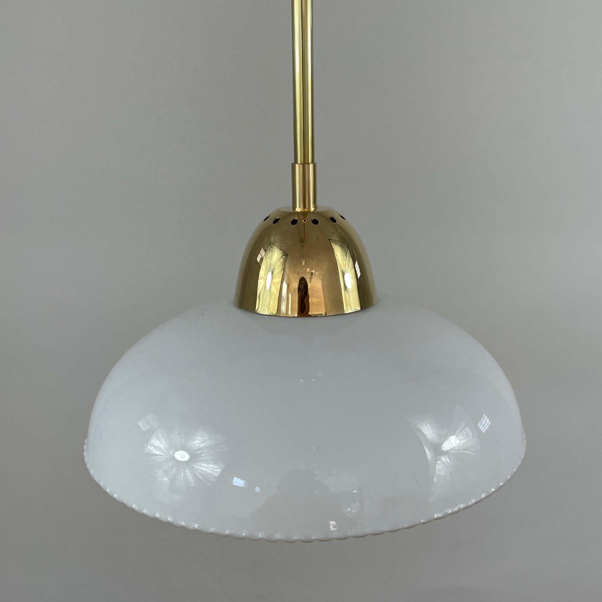 Art Deco White Opaline Glass and Brass Pendants, Sweden 1940s, Set of 2 For Sale 5