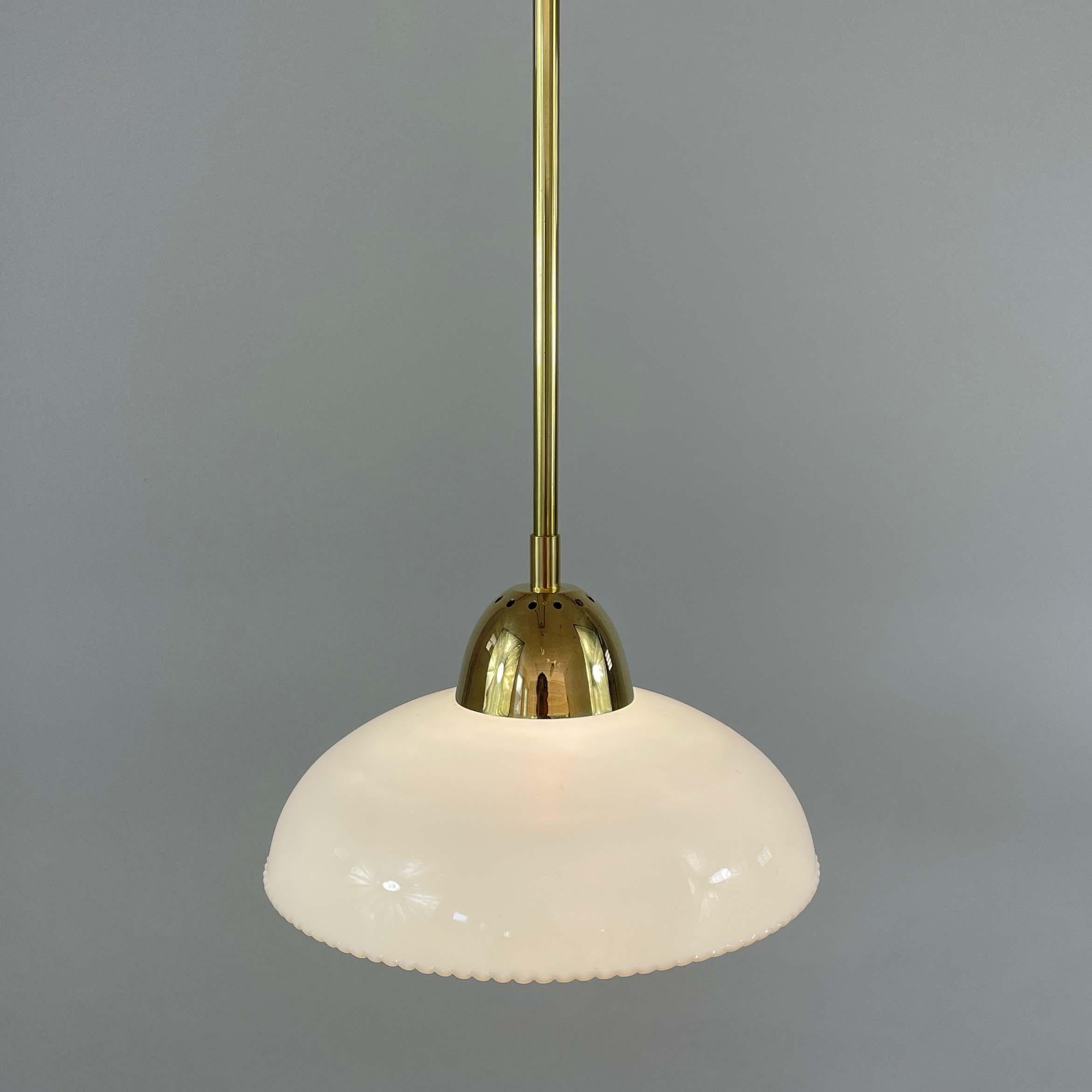 Art Deco White Opaline Glass and Brass Pendants, Sweden 1940s, Set of 2 For Sale 6