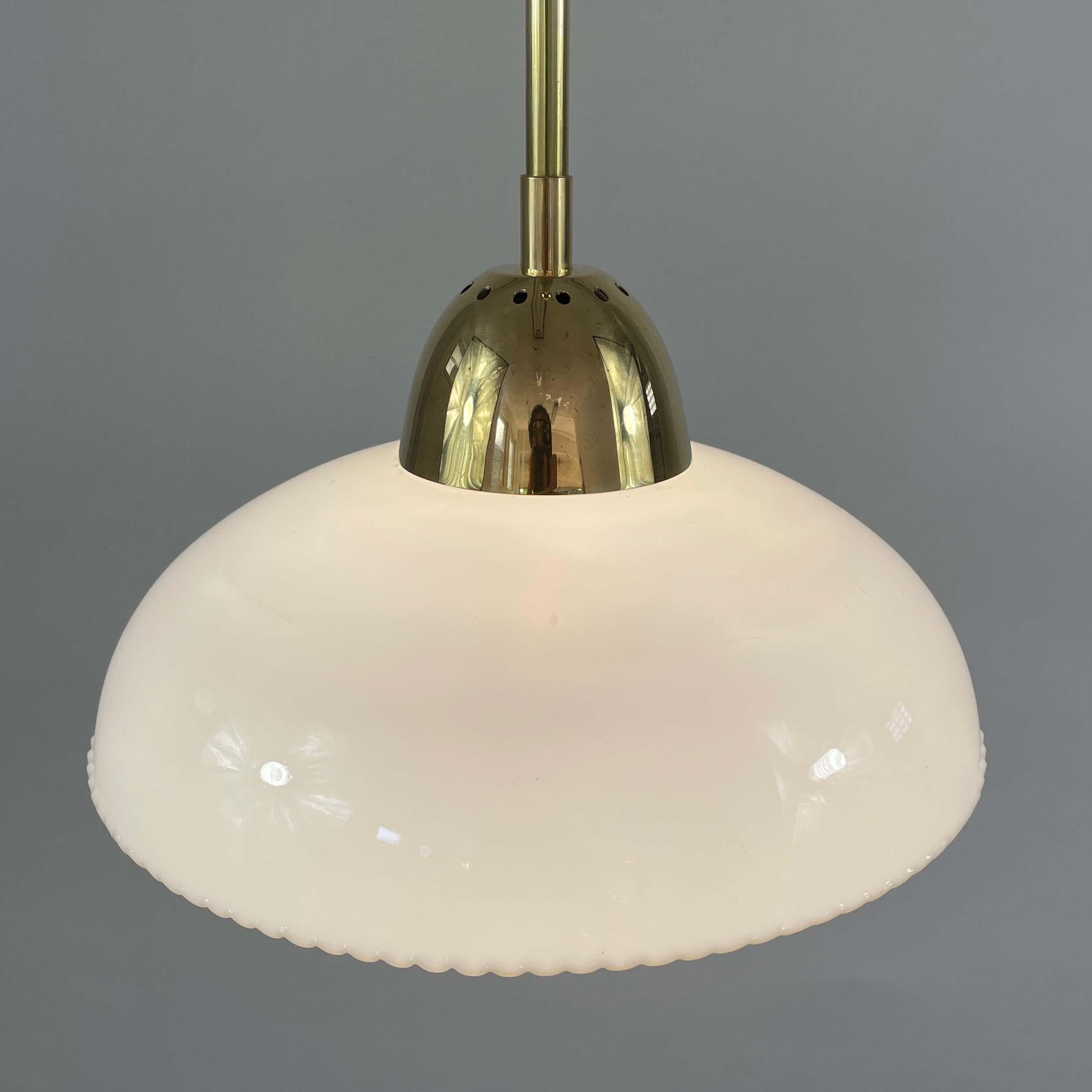Art Deco White Opaline Glass and Brass Pendants, Sweden 1940s, Set of 2 For Sale 7
