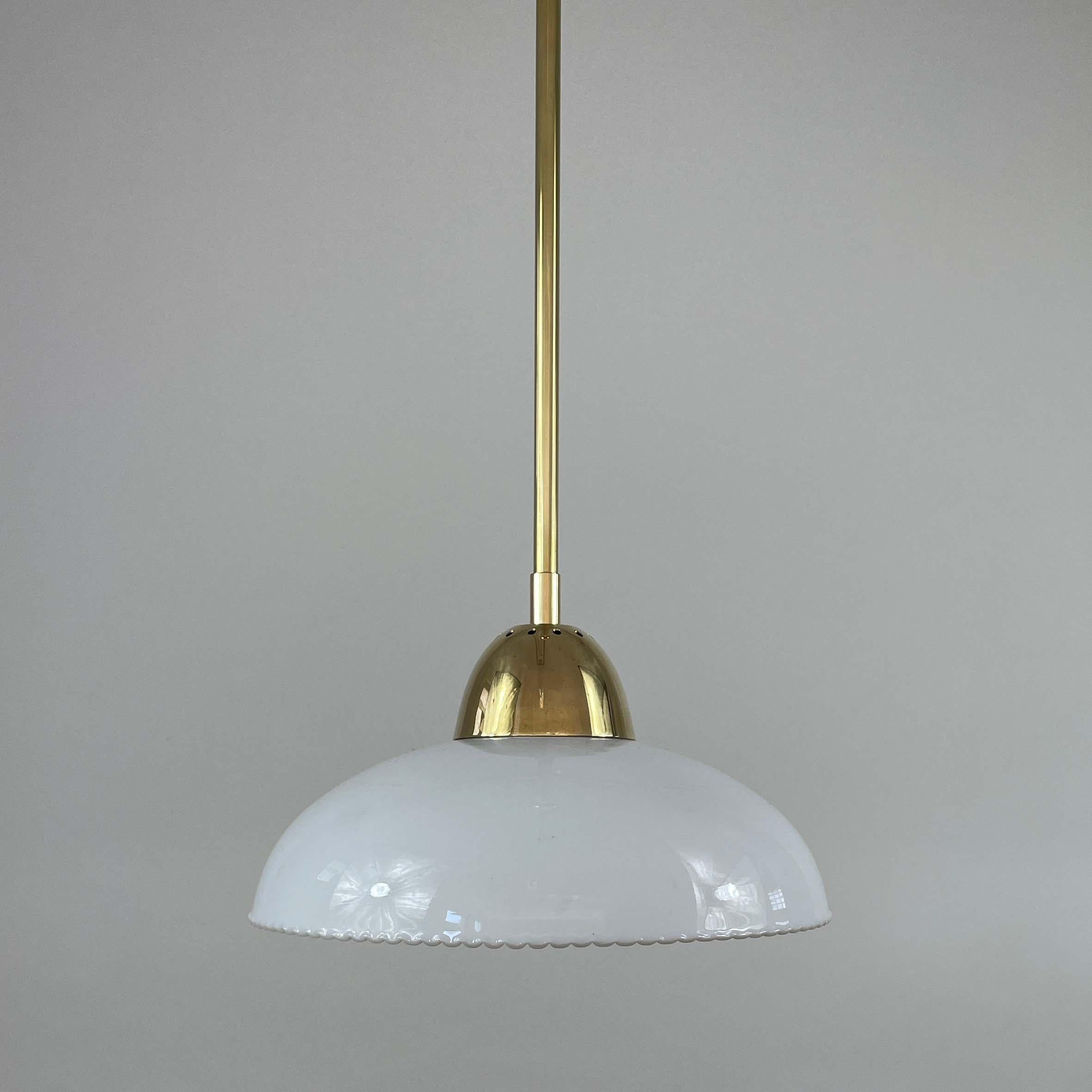 Art Deco White Opaline Glass and Brass Pendants, Sweden 1940s, Set of 2 For Sale 8