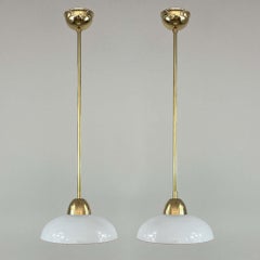 Art Deco White Opaline Glass and Brass Pendants, Sweden 1940s, Set of 2