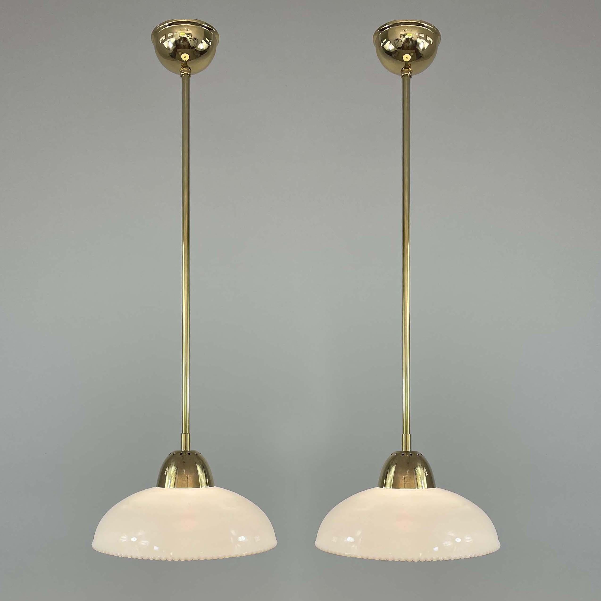 Swedish Art Deco White Opaline Glass and Brass Pendants, Sweden 1940s, Set of 2 For Sale